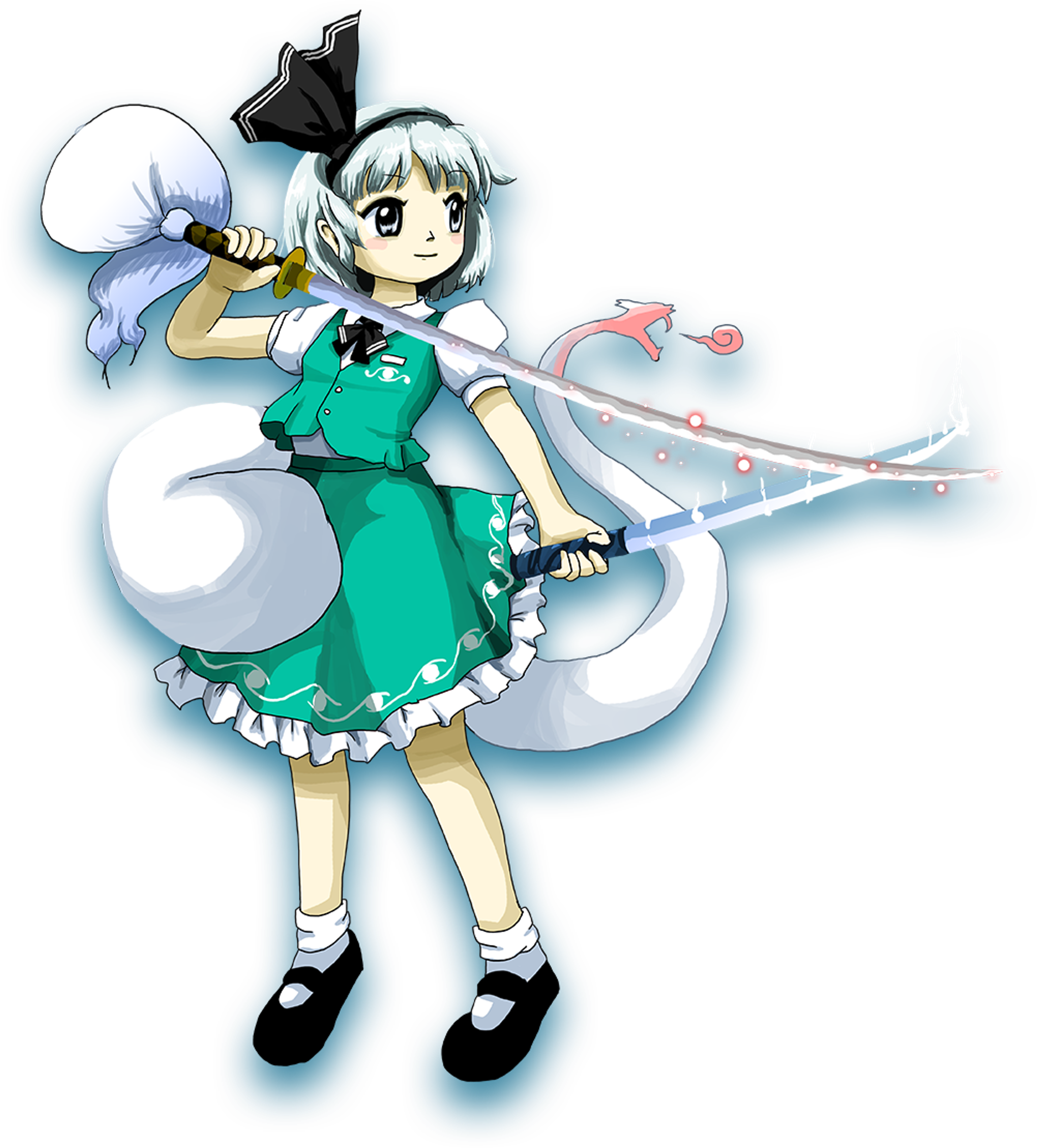 An anime-style character with silver hair, blue eyes, and a green dress holding swords in a mystical background.