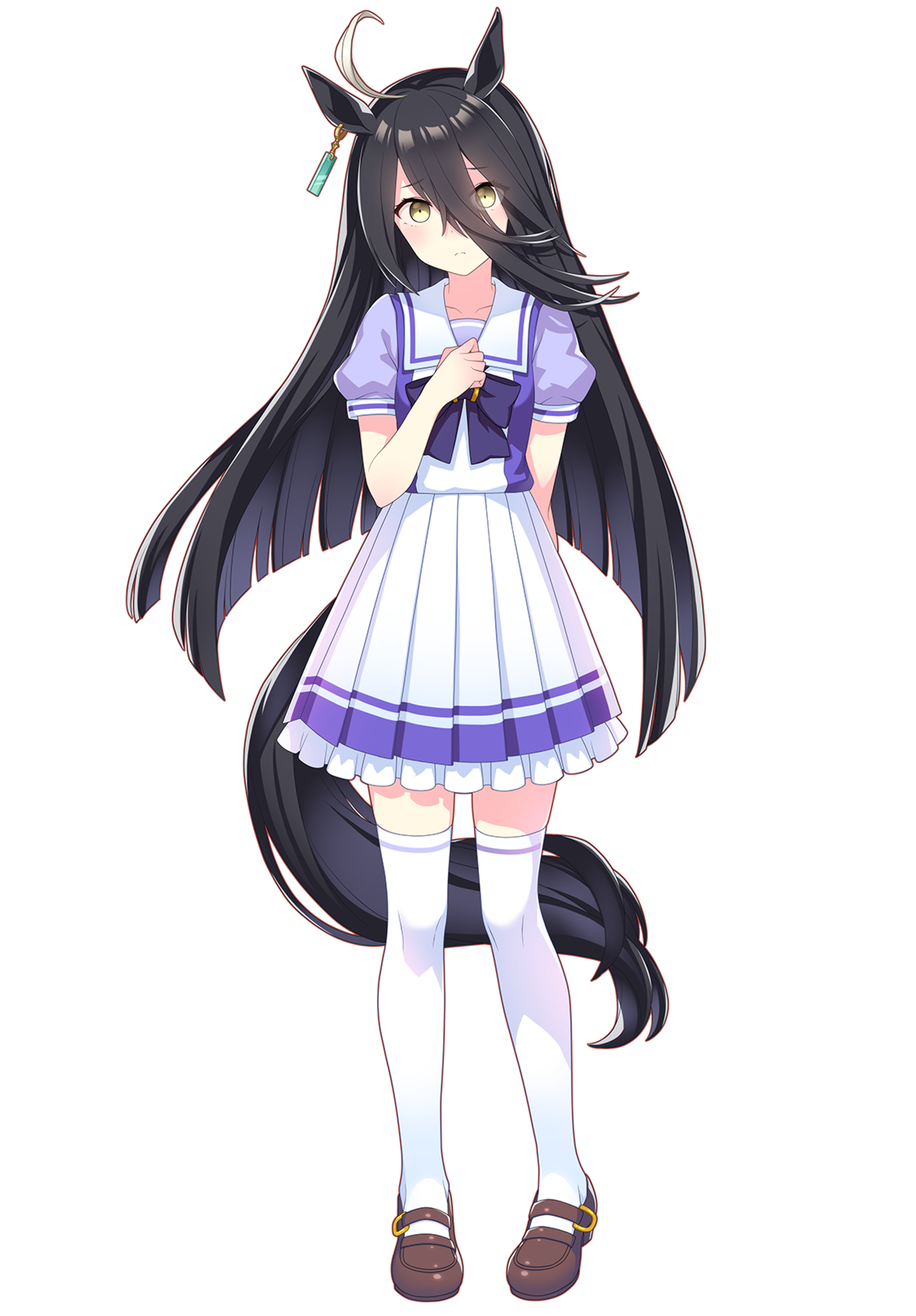 A mysterious young woman with black hair, golden eyes, and a distinctive white ahoge, wearing a black blazer and Chesterfield coat with gold accents.