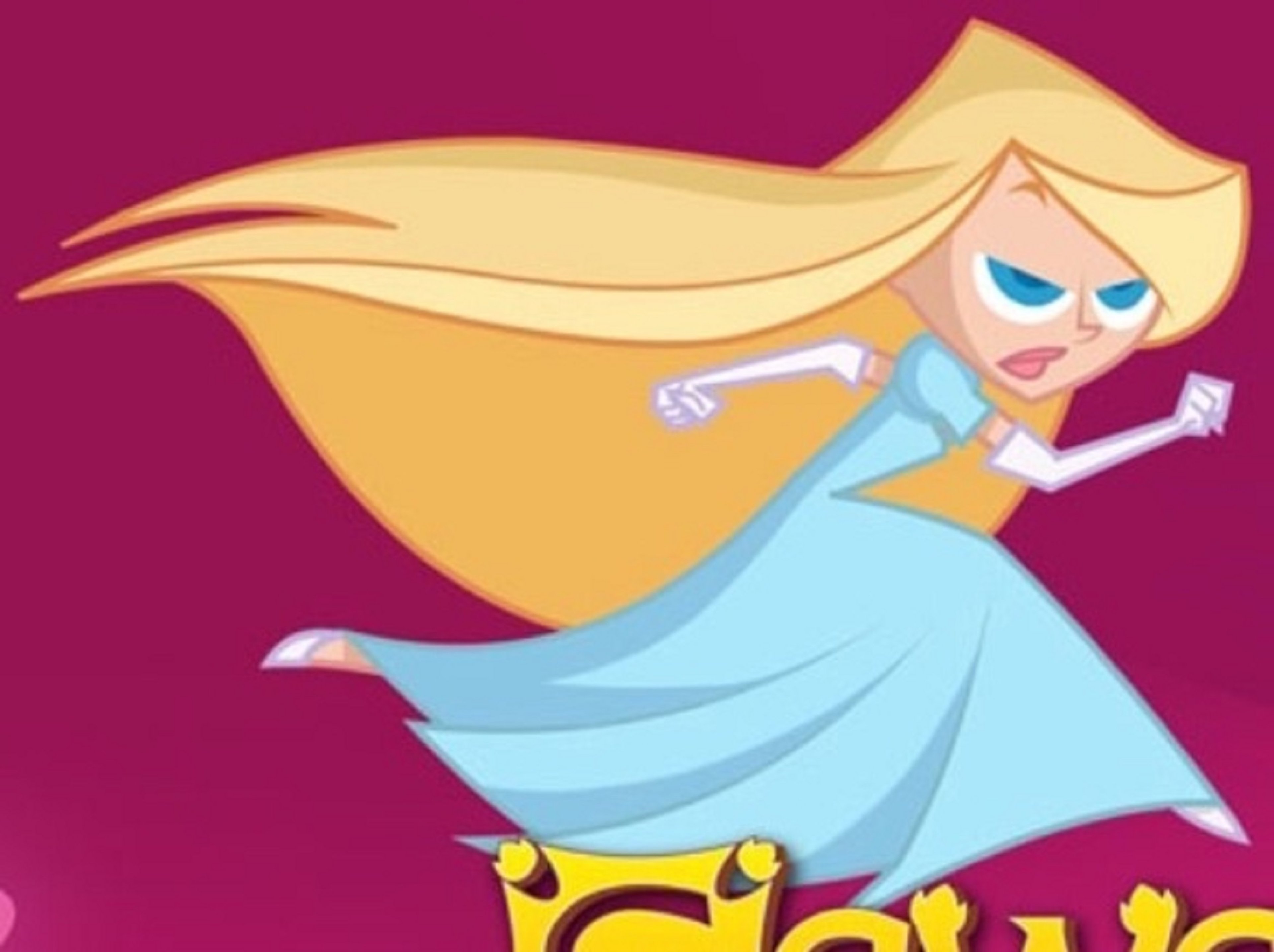 An animated princess character with long blonde hair and a light blue gown, in a heroic pose.