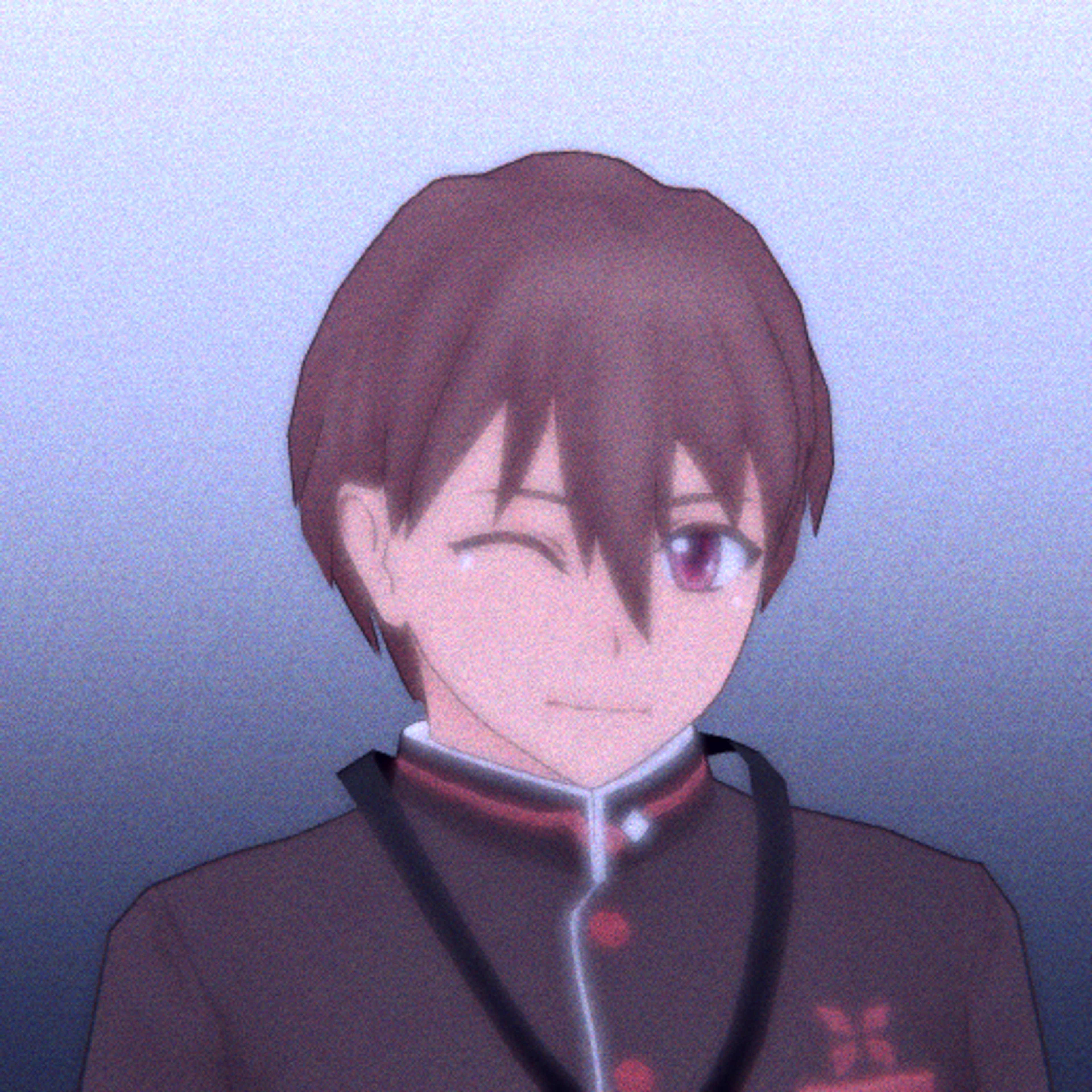 An anime-style character with brown hair and burgundy eyes wearing a school uniform with a reporter's ID.