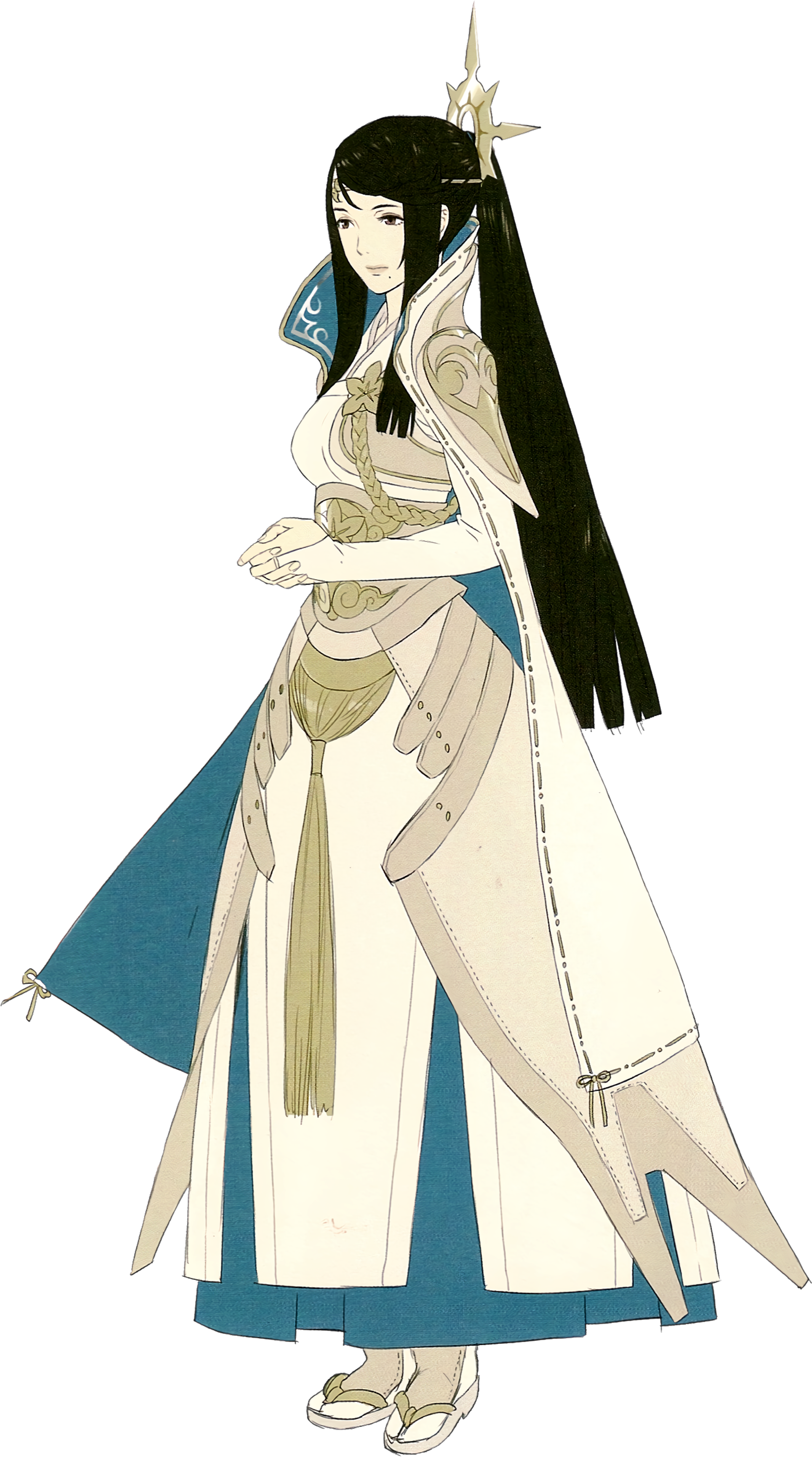 A woman in an elaborate white and blue outfit with a long cape, with a serene expression.