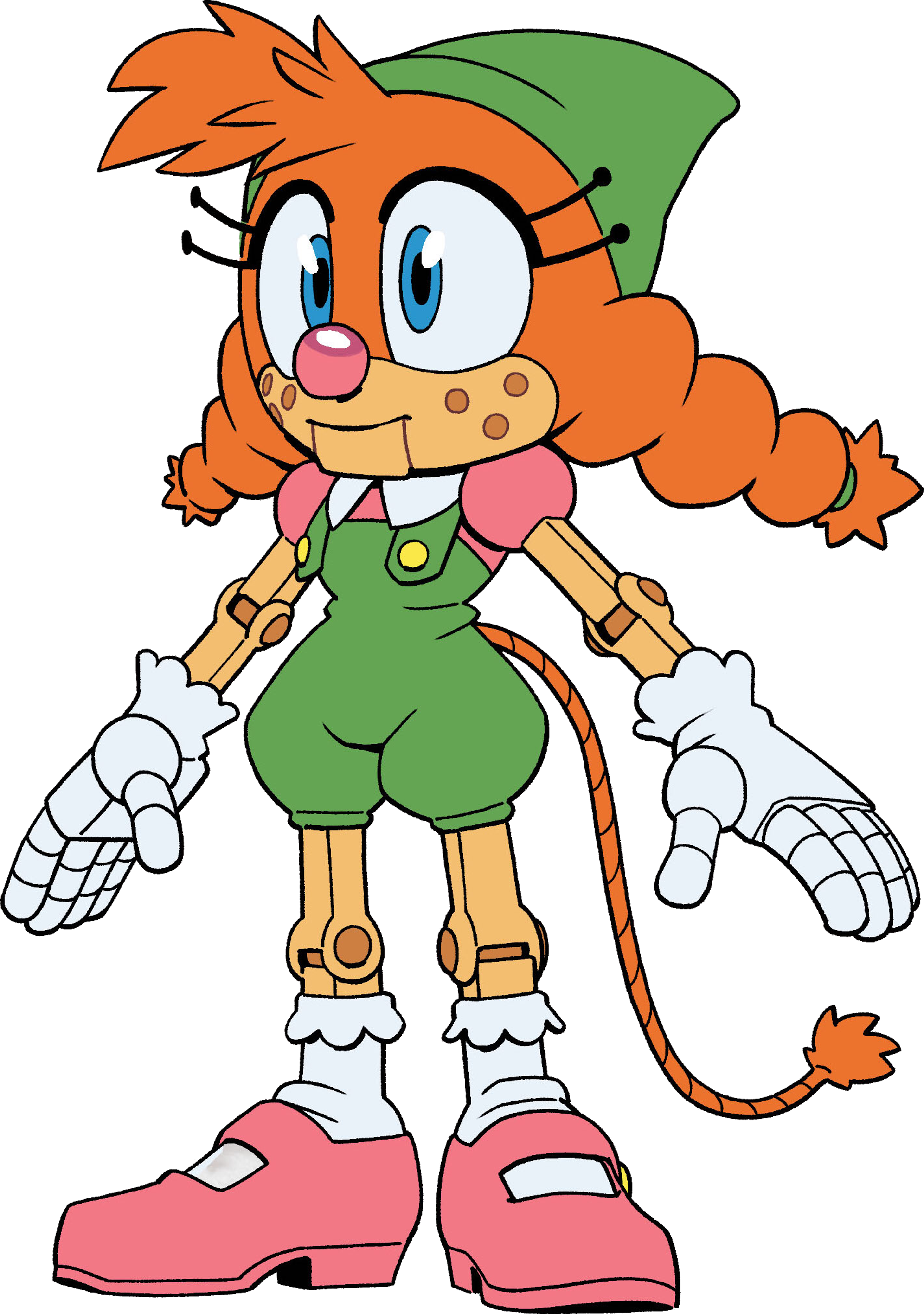 An anthropomorphic robot character with a wooden exterior, orange fur, and a youthful appearance.