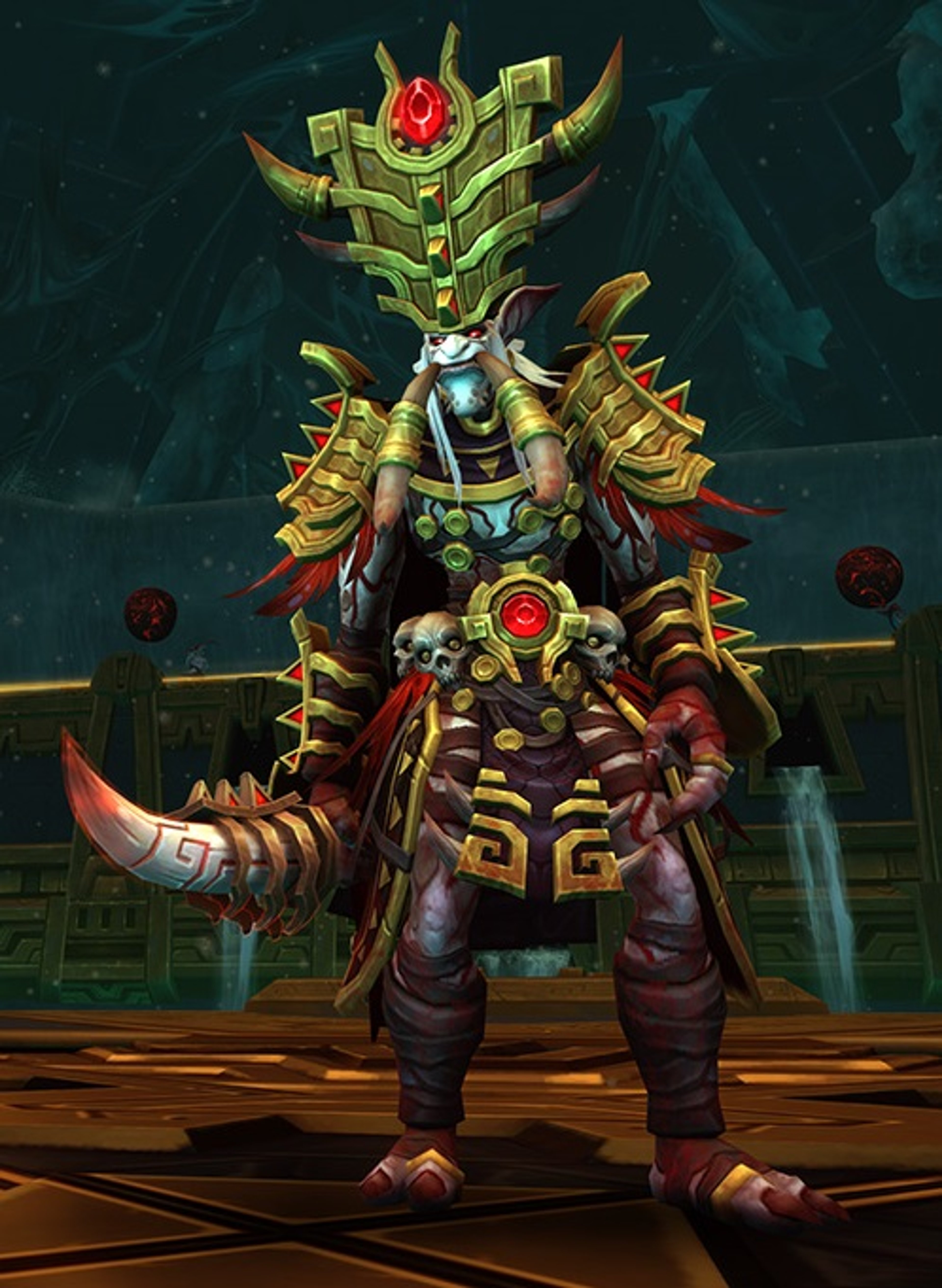 A heavily armored and ornate troll character with a large headdress, glowing red eyes, and sharp fangs, holding a large staff or weapon.