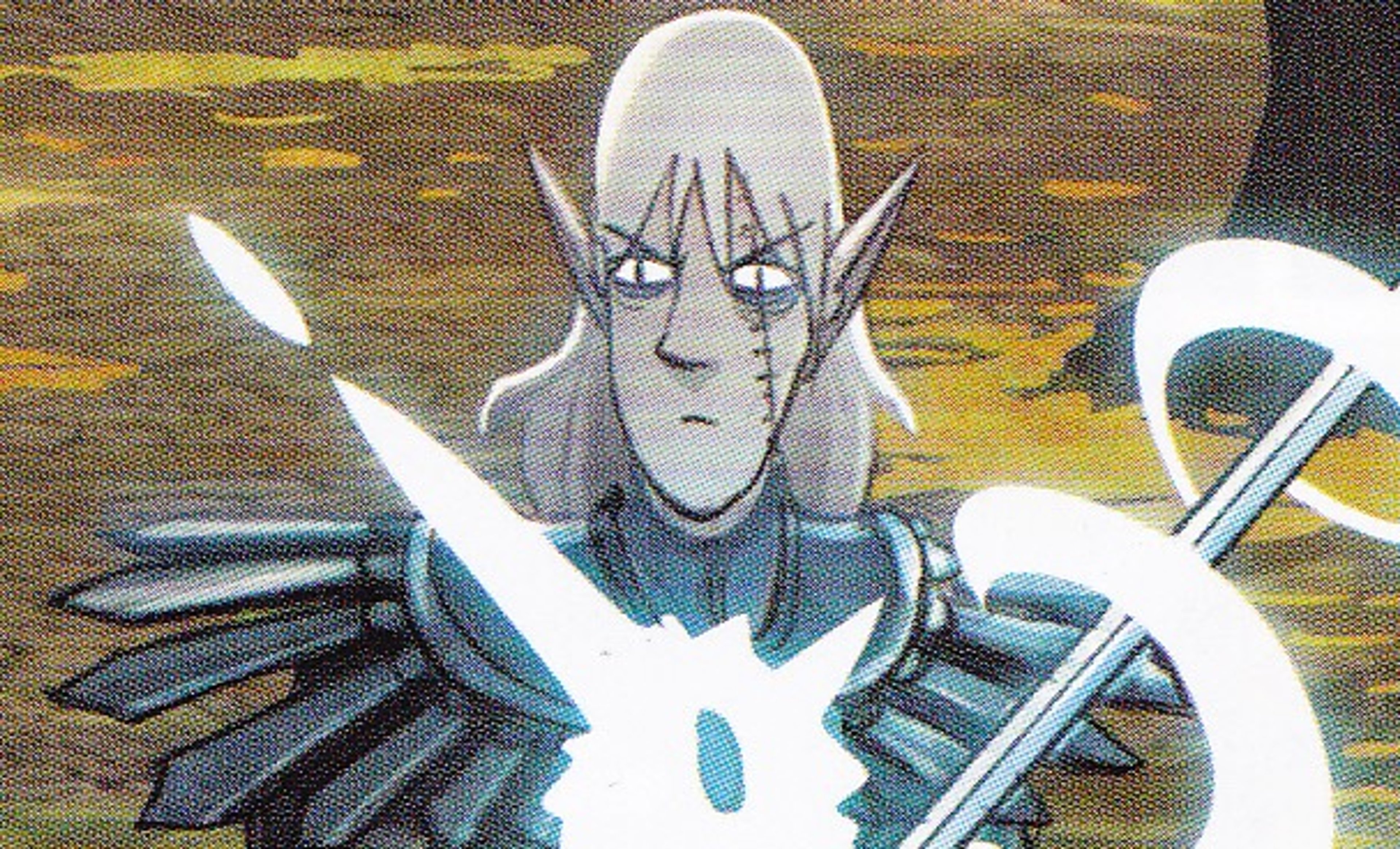 A young elf prince with silver hair and a scar on his left eye, wearing ornate armor and holding a glowing blue amulet.