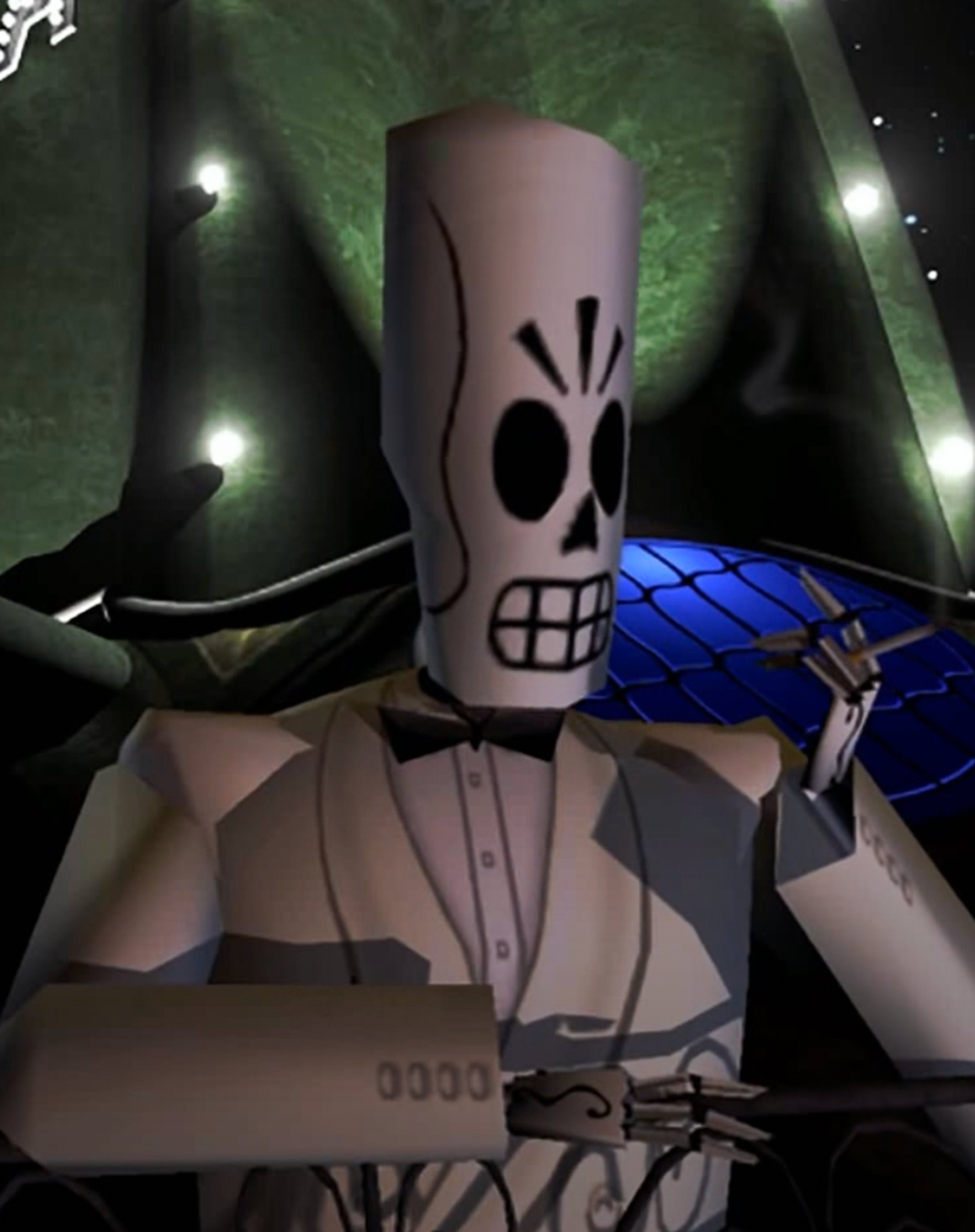 A skeletal character in a black suit and hat, holding a blue book or ledger in a dark, atmospheric setting.