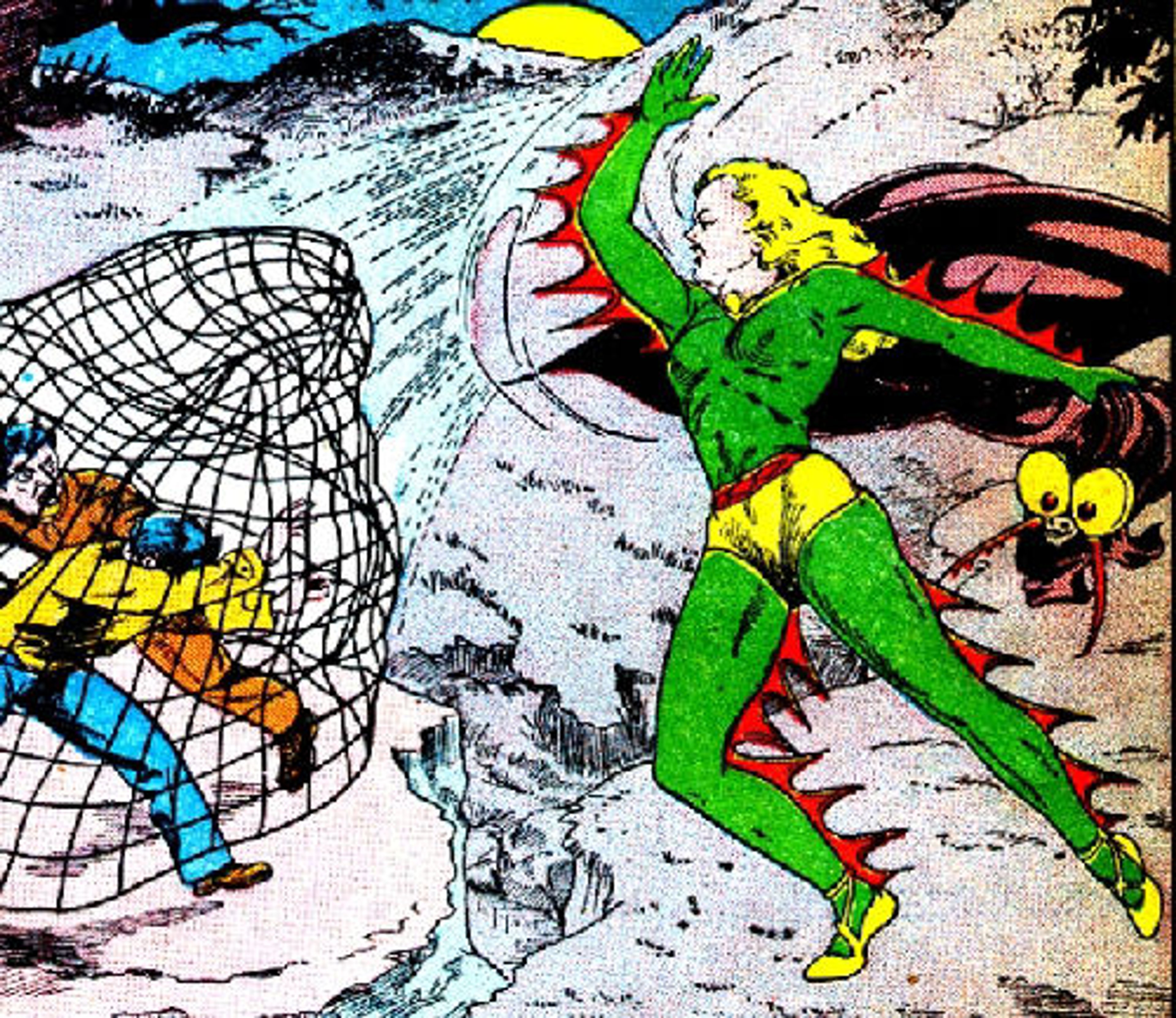 A female superhero character in a green and yellow spider-themed costume in an action pose.