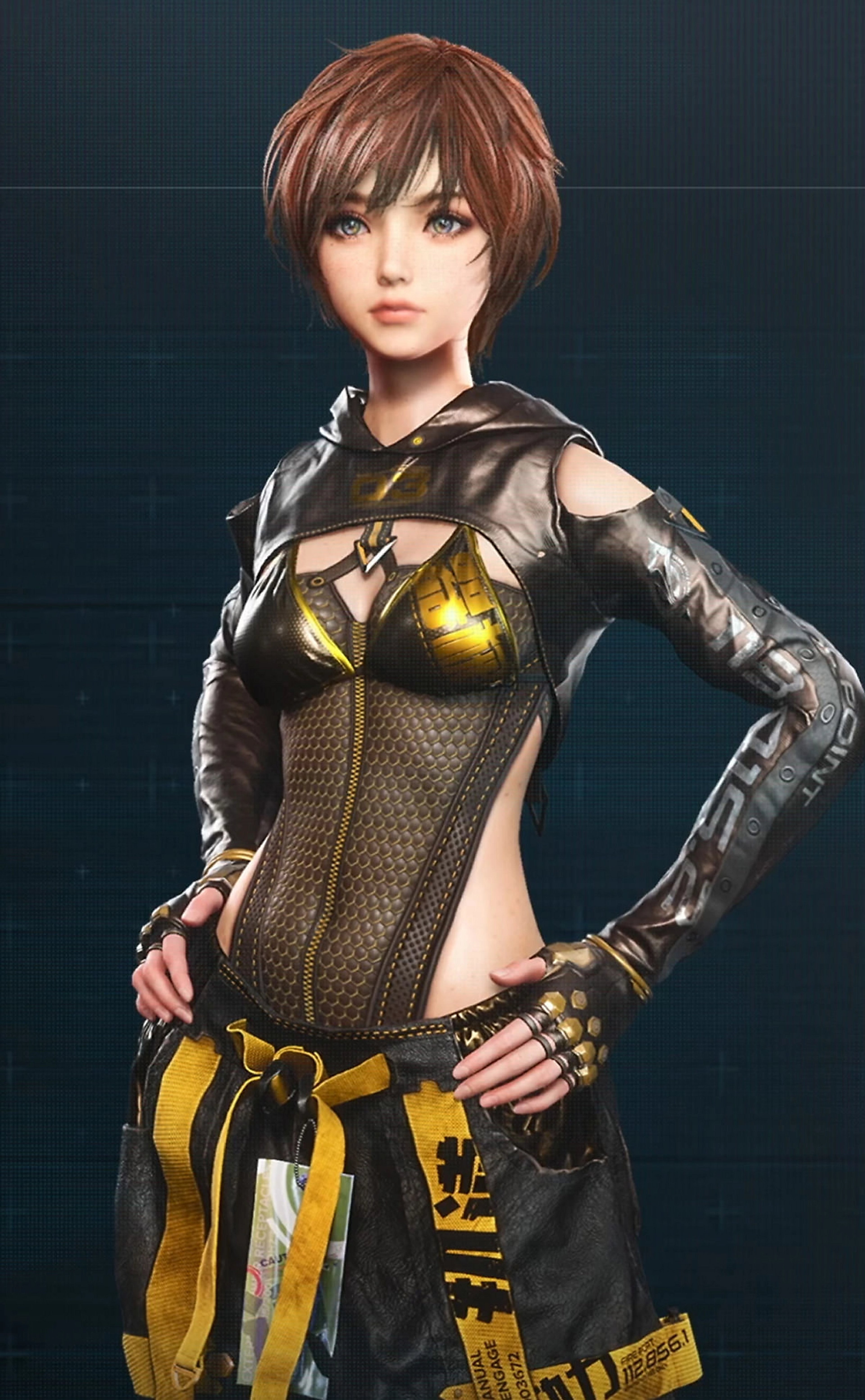 A young woman in a futuristic sci-fi outfit, posed in an action-ready stance.