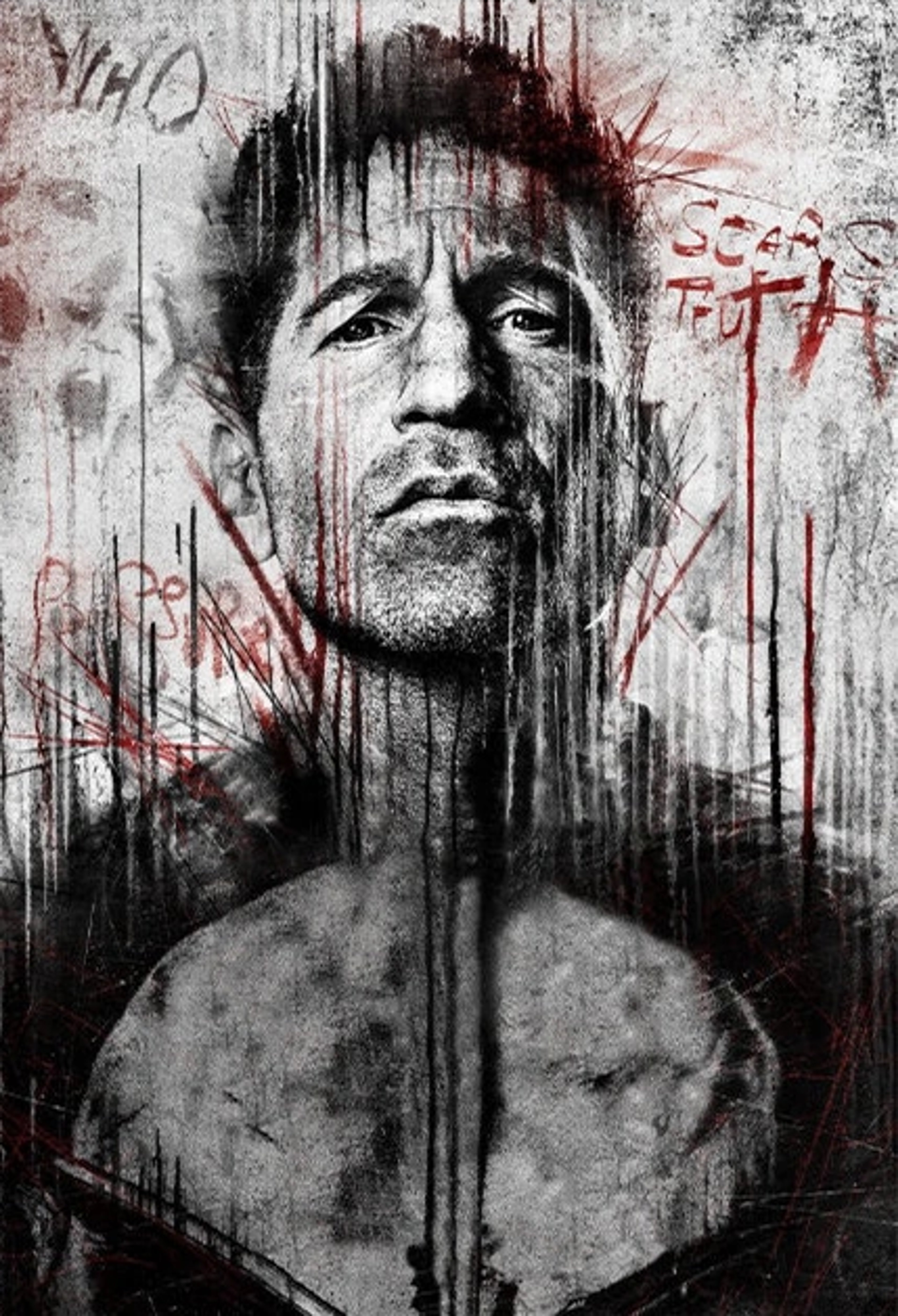 A rugged, scarred man with a stern expression in a gritty urban setting