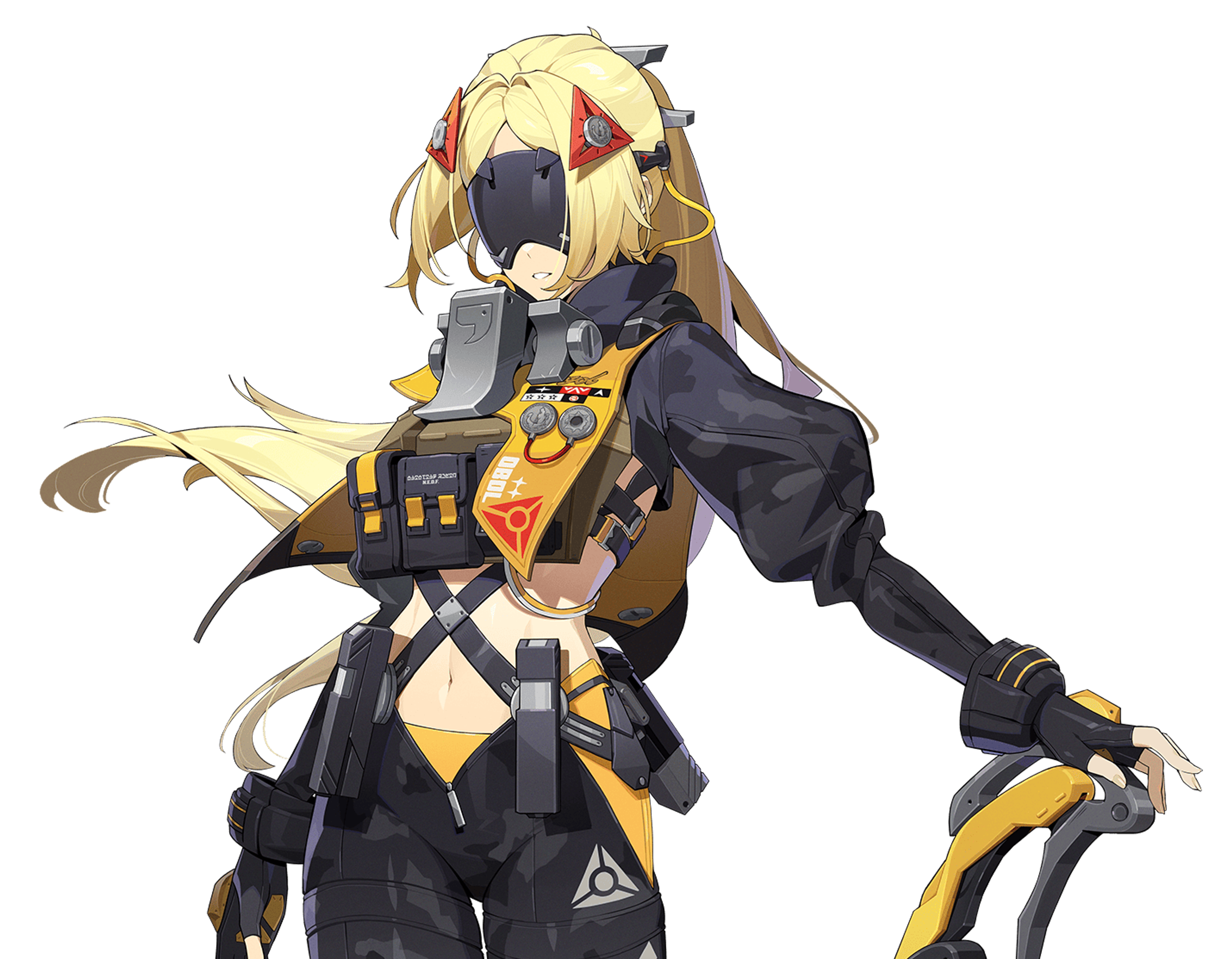 A female character with long blonde hair wearing a black and yellow outfit, holding a sniper rifle.