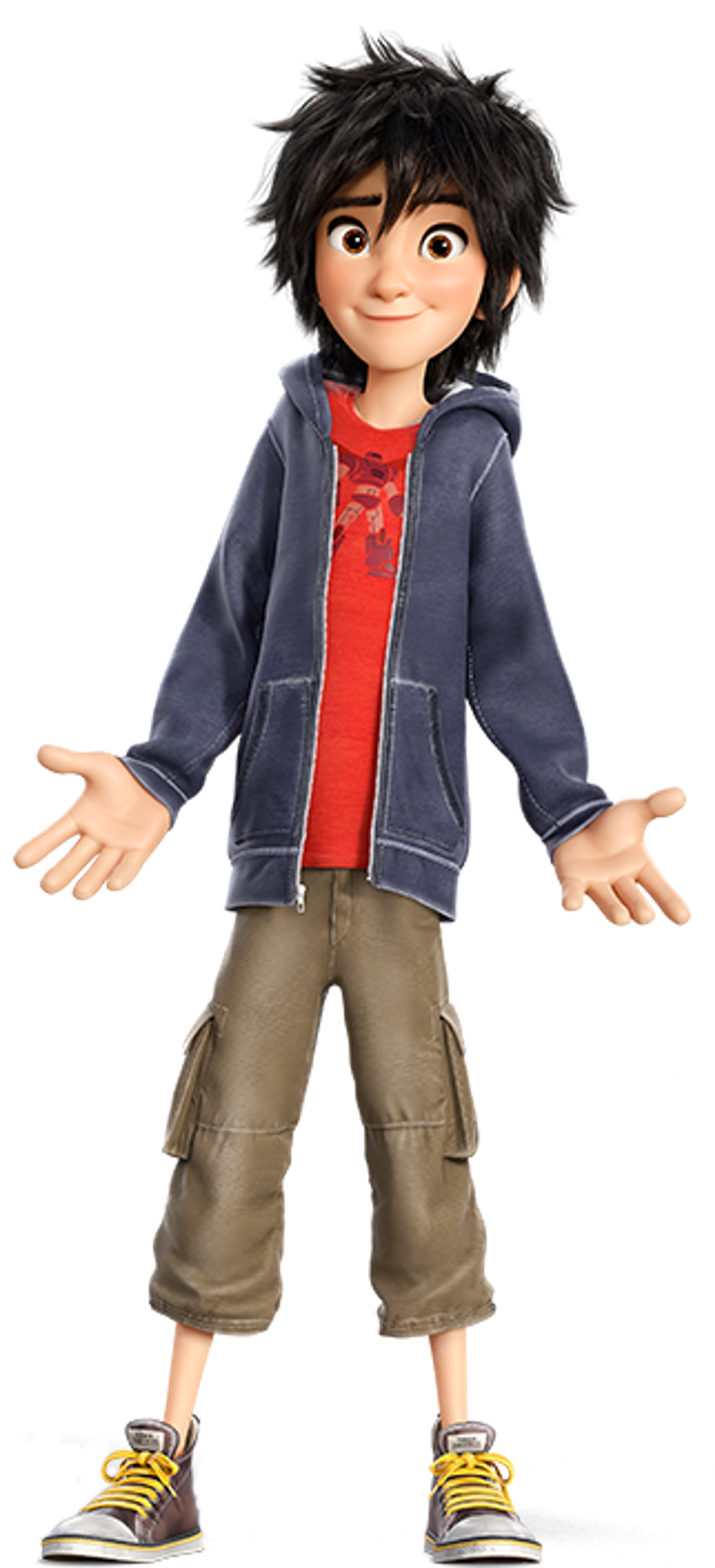An animated character with messy black hair, warm brown eyes, and a gap in his front teeth, wearing a gray hooded jacket, red shirt, and khaki cargo pants.