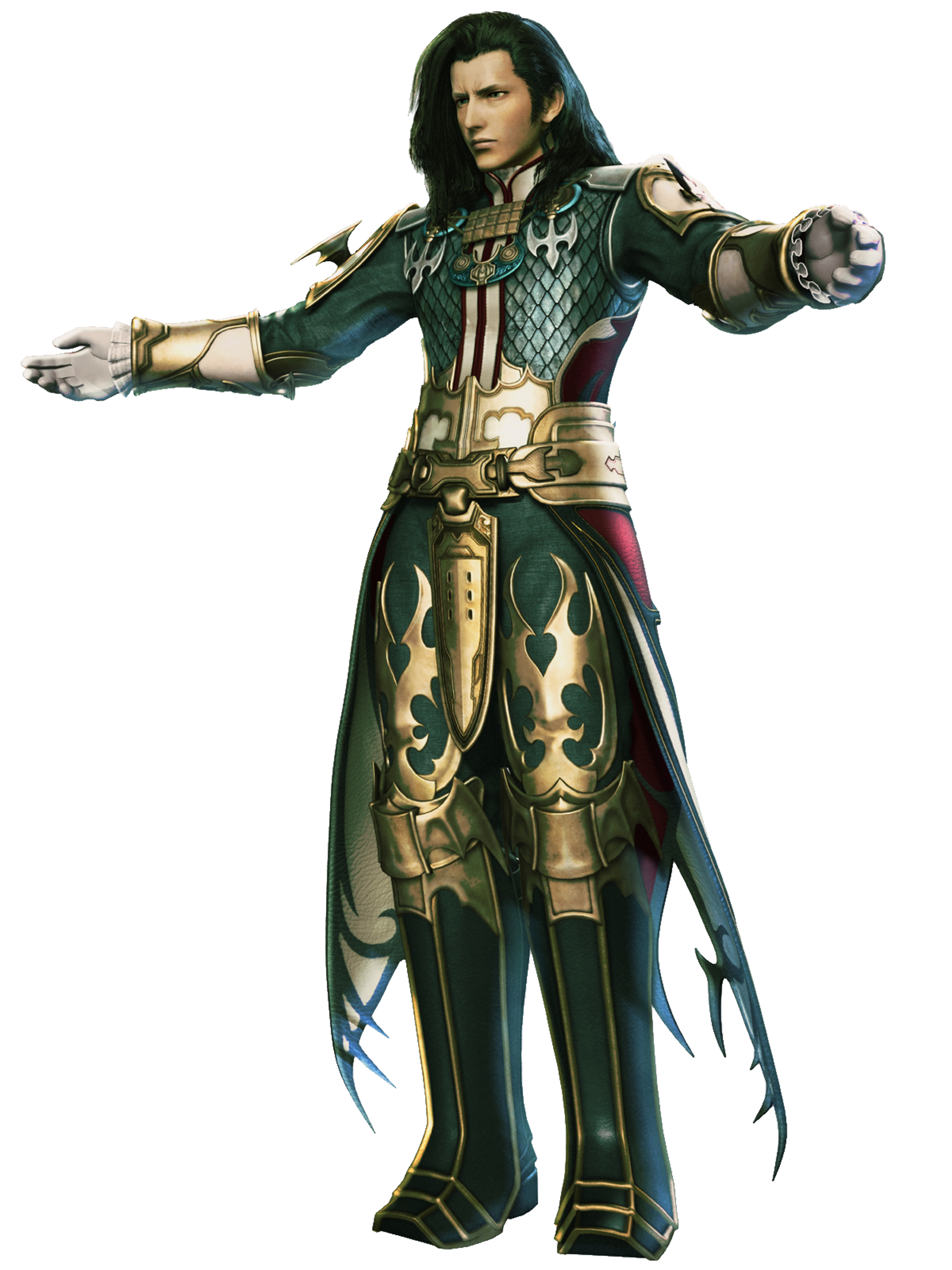 A male fantasy character in ornate green and gold armor with a cape, standing in a dramatic pose.