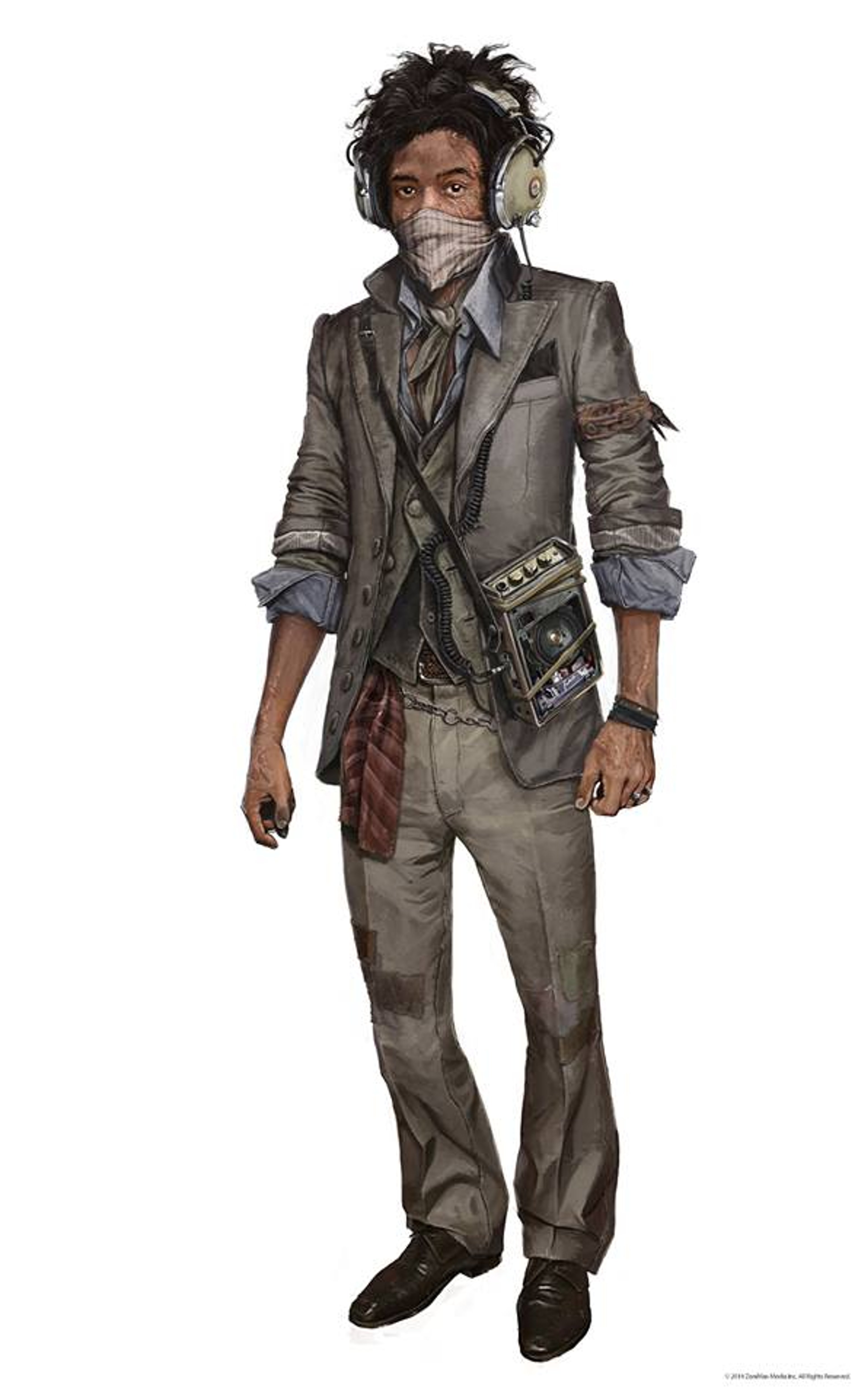 A young African-American man with a scarred face and neck, holding an electric guitar in a war-torn setting.