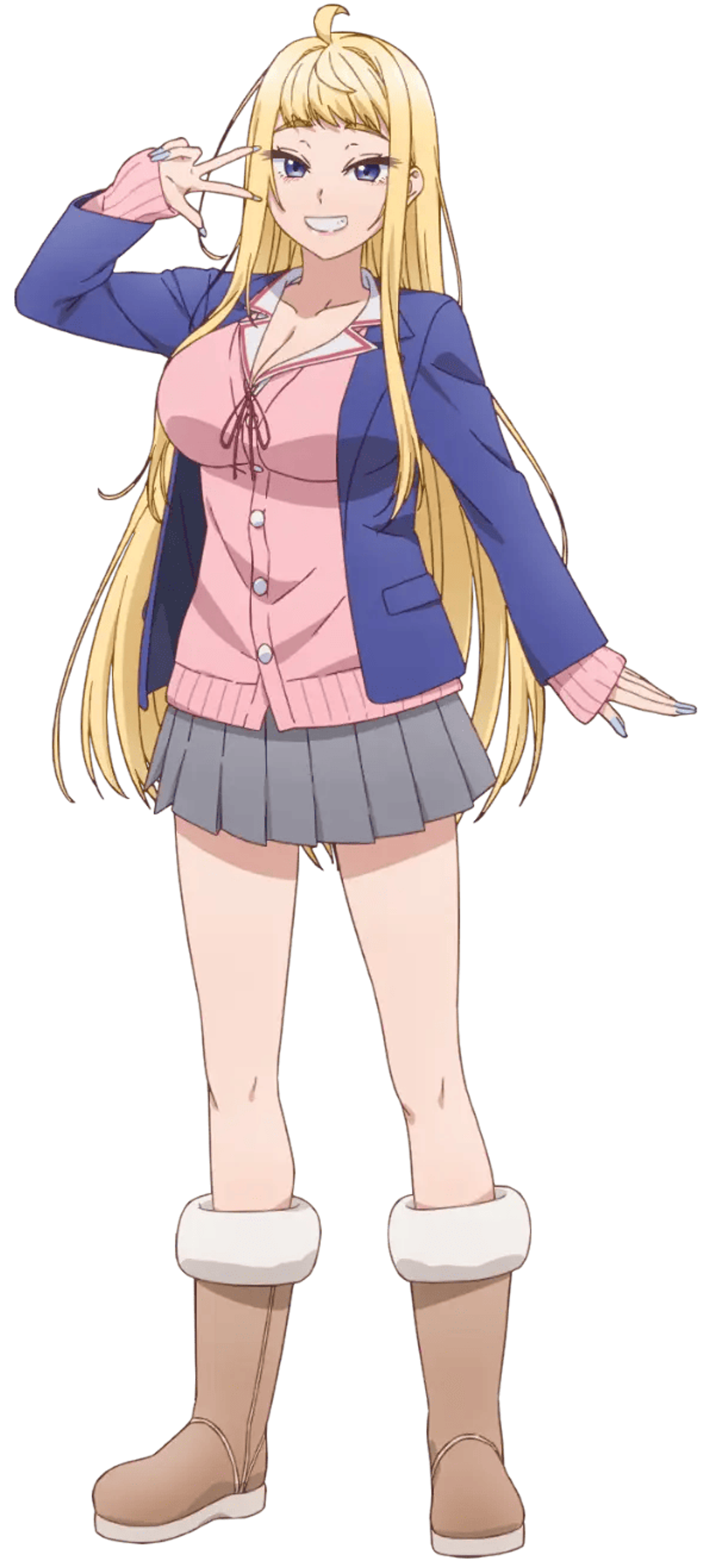 An anime-style character with blonde hair and blue eyes, wearing a pink shirt, gray skirt, and brown boots.