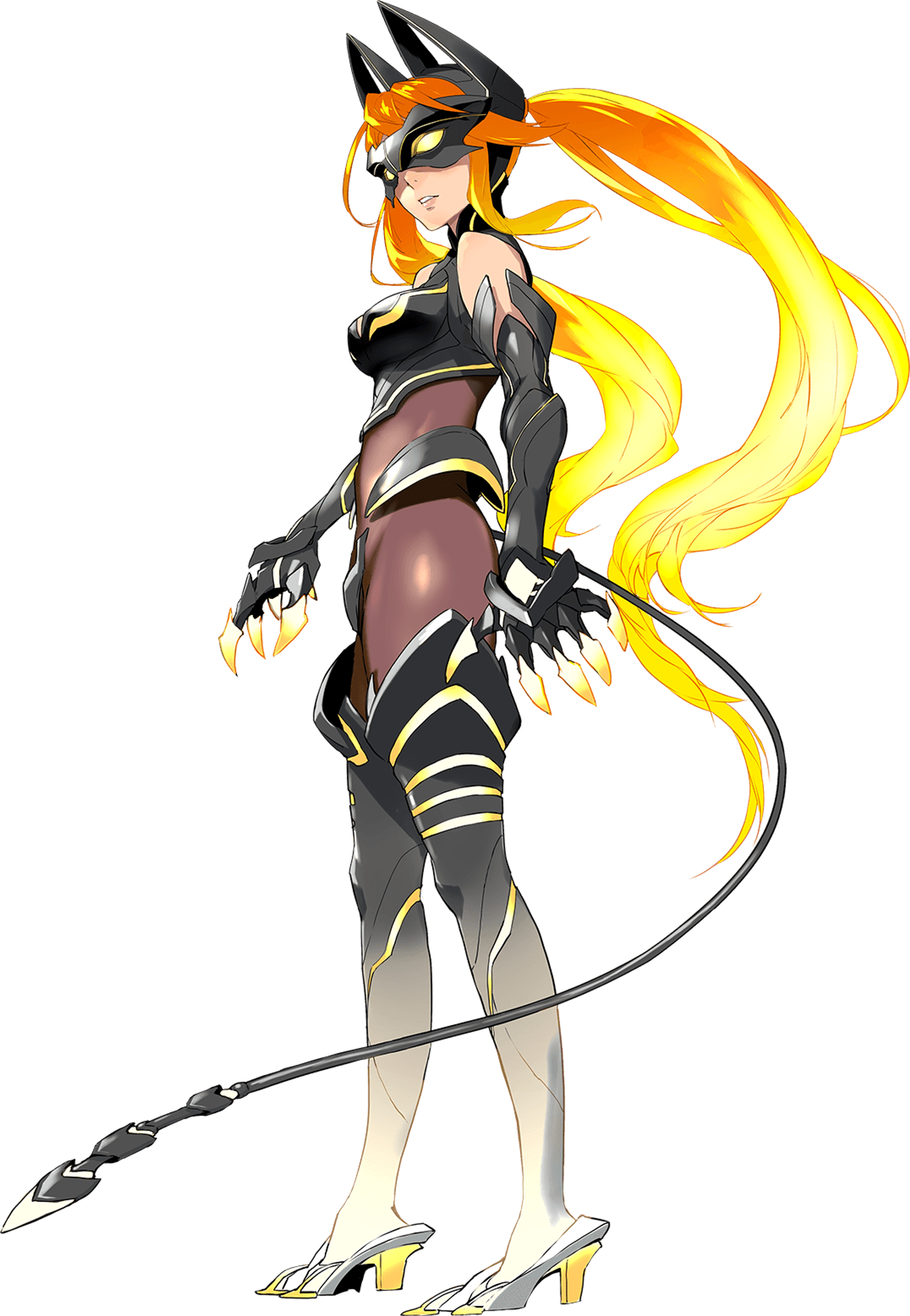 A female character in a black and yellow catsuit striking a fighting pose