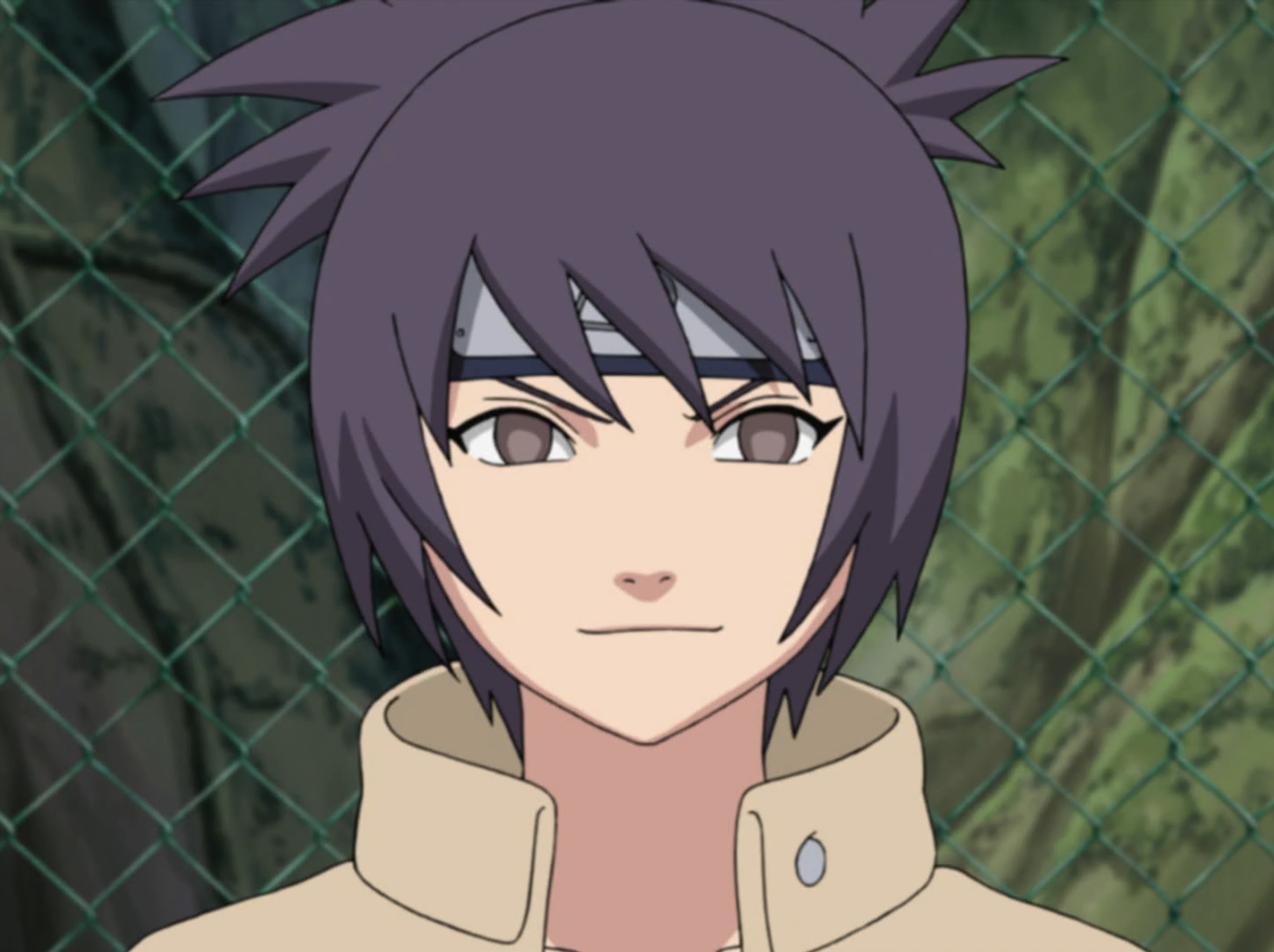 An anime-style character with dark hair and a stern expression, wearing a tan jacket.