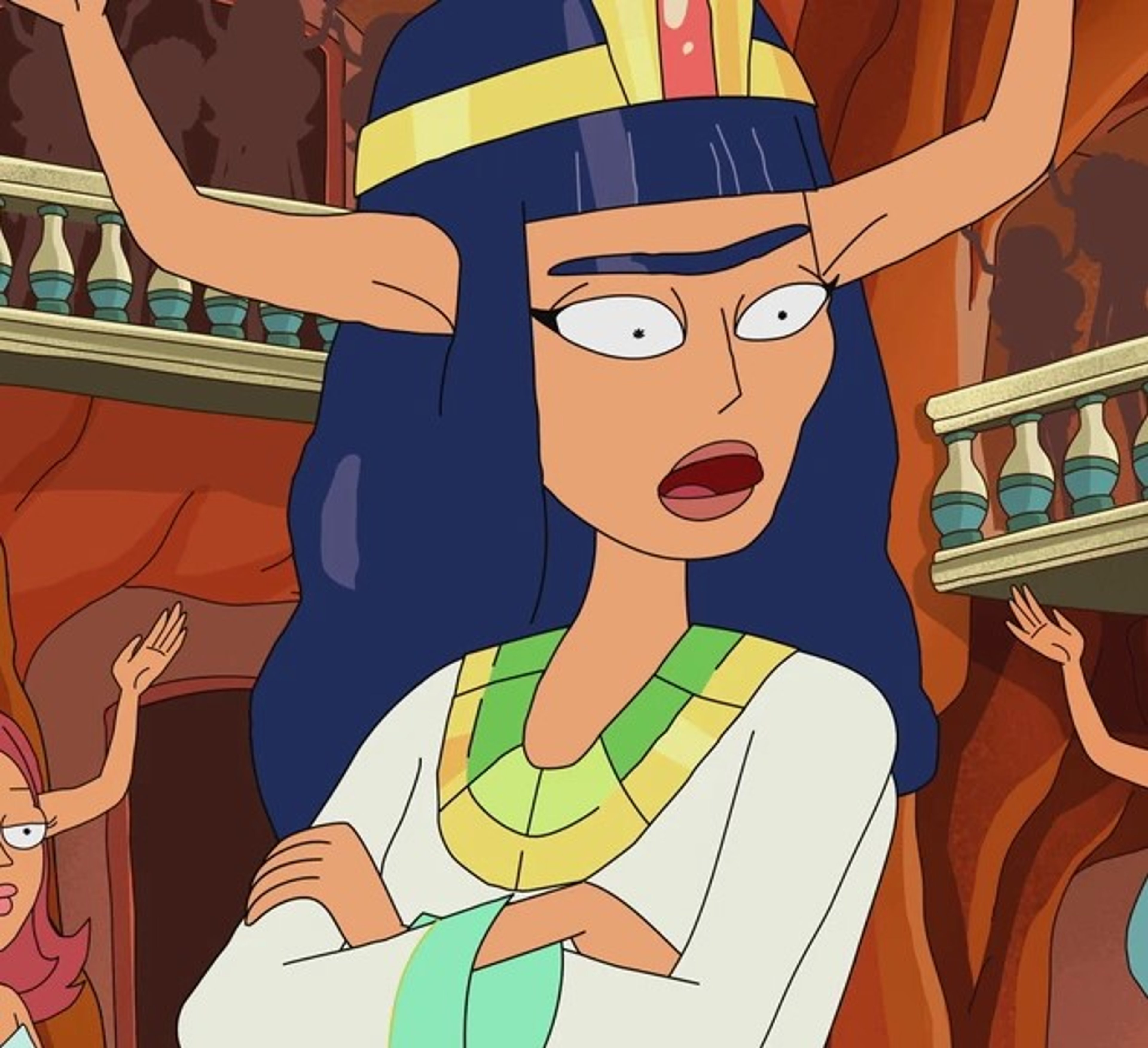 An animated female alien character with six arms and a unibrow, who is the ruler of the planet Gazorpazorp.