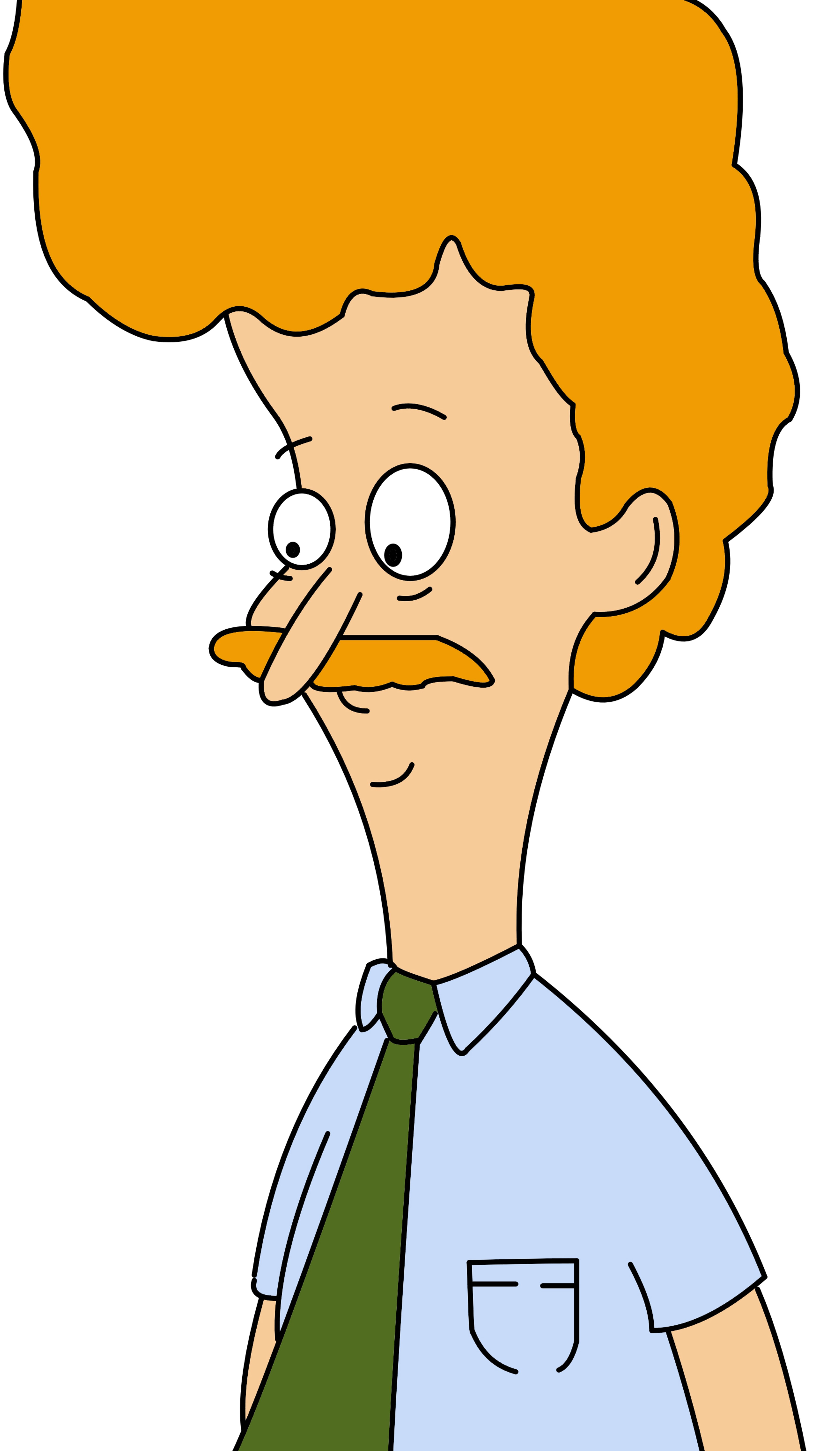 A cartoon character with strawberry blond hair and a mustache, wearing a blue shirt and green tie.