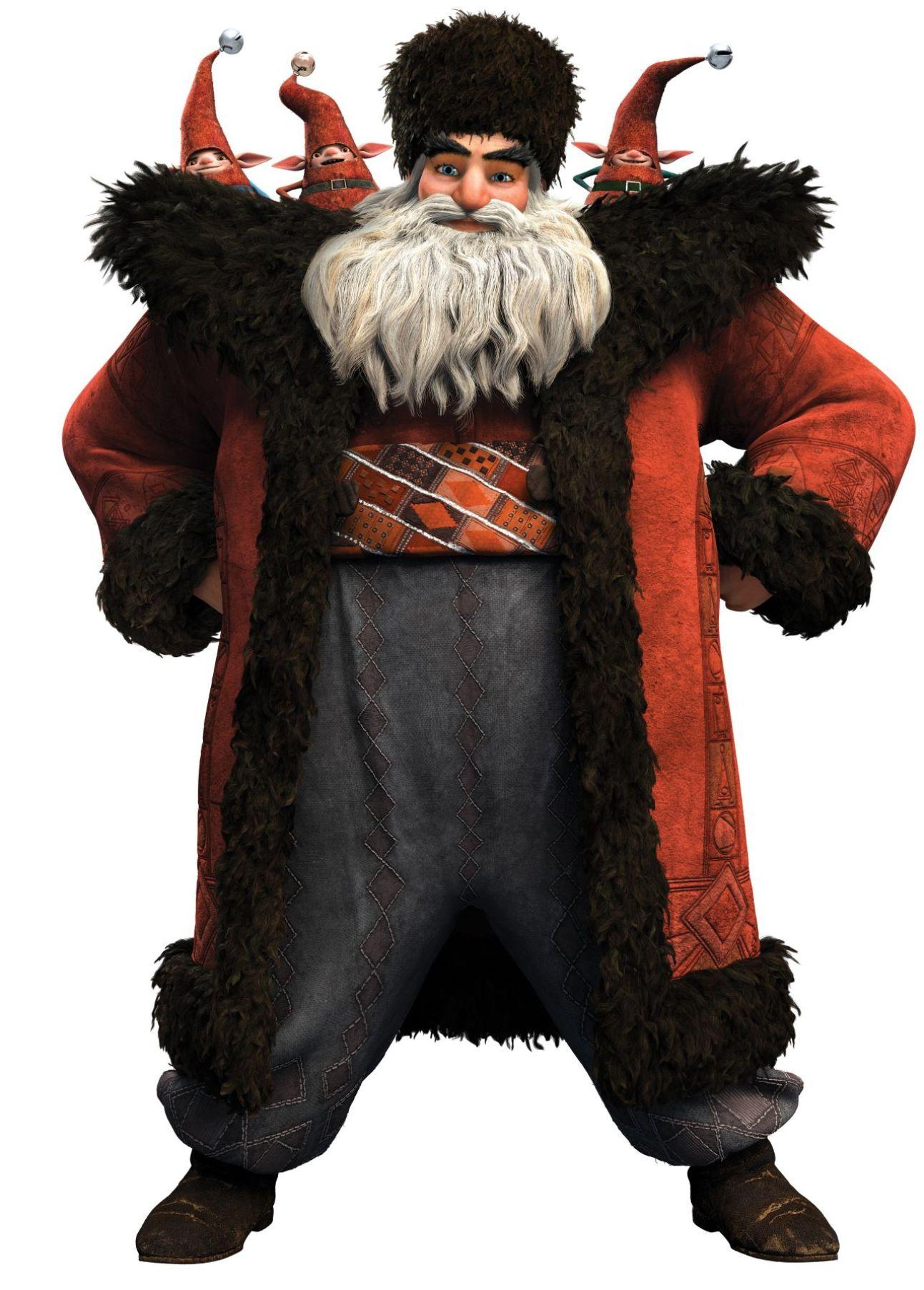 A powerful, bearded man in a red fur-trimmed coat surrounded by small, mischievous creatures