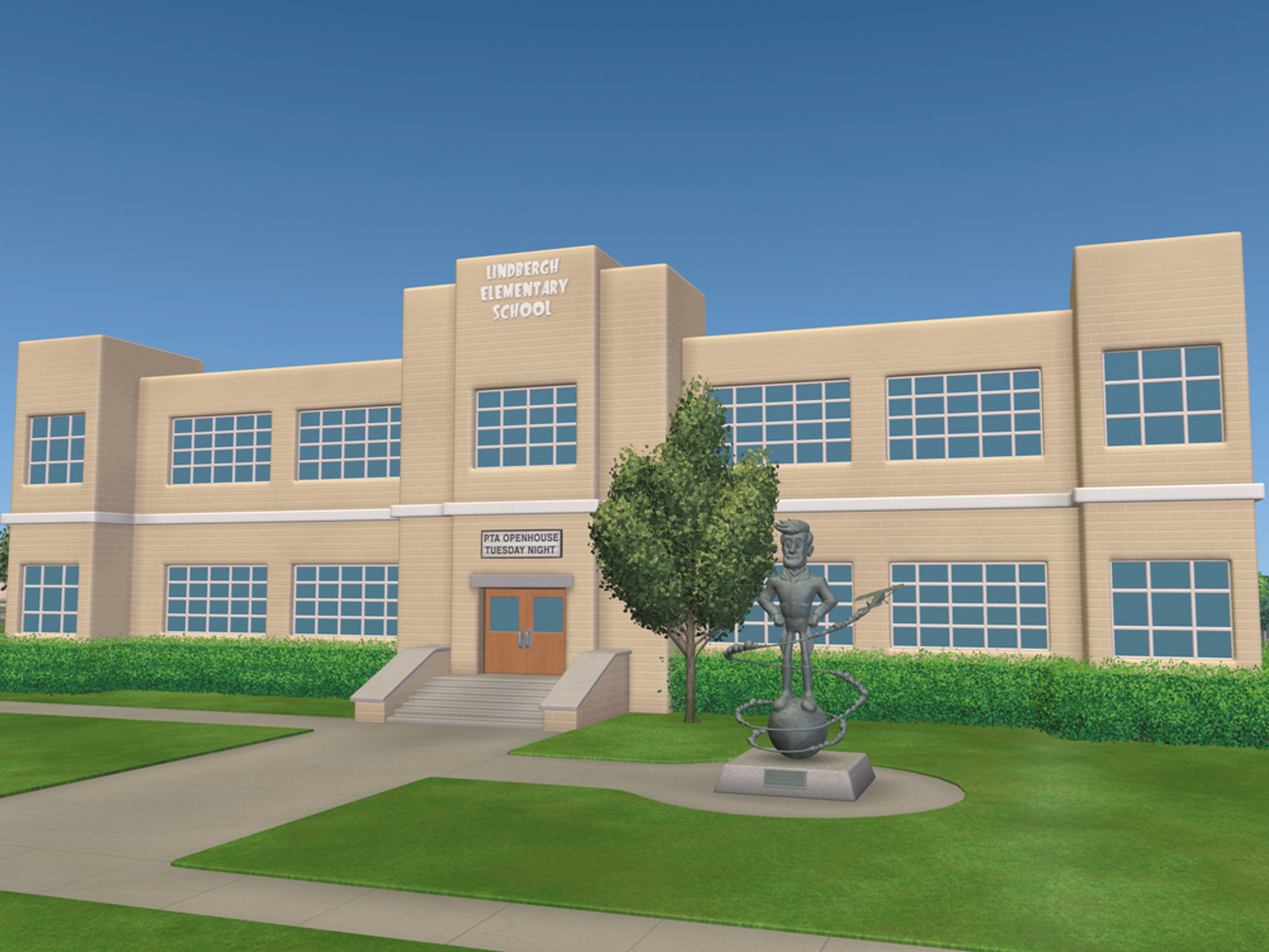 A school building with a tan exterior and white trim, set against a clear blue sky.