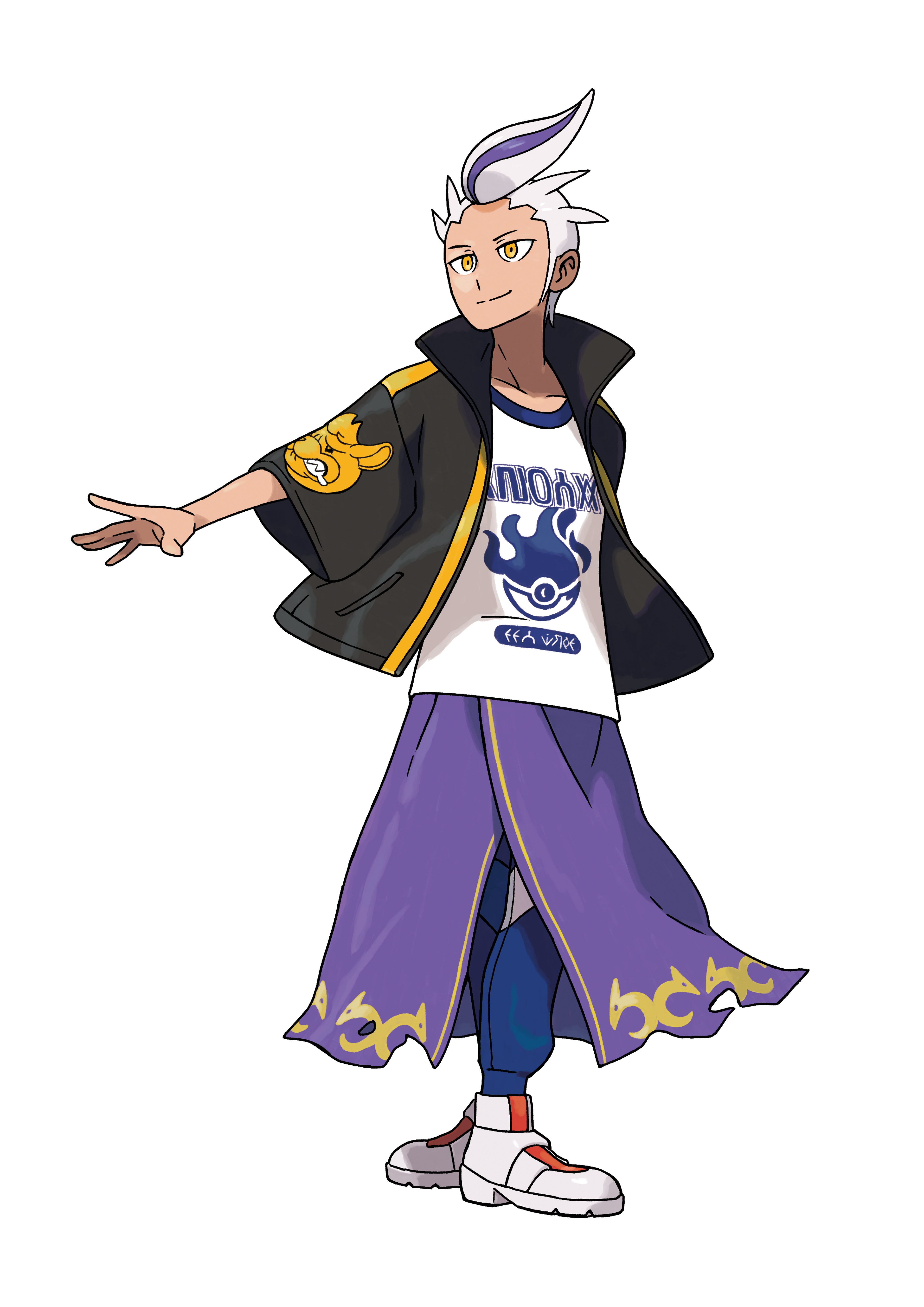 A young man with spiky hair and a purple streak, wearing a black and gold tracksuit with a cape.