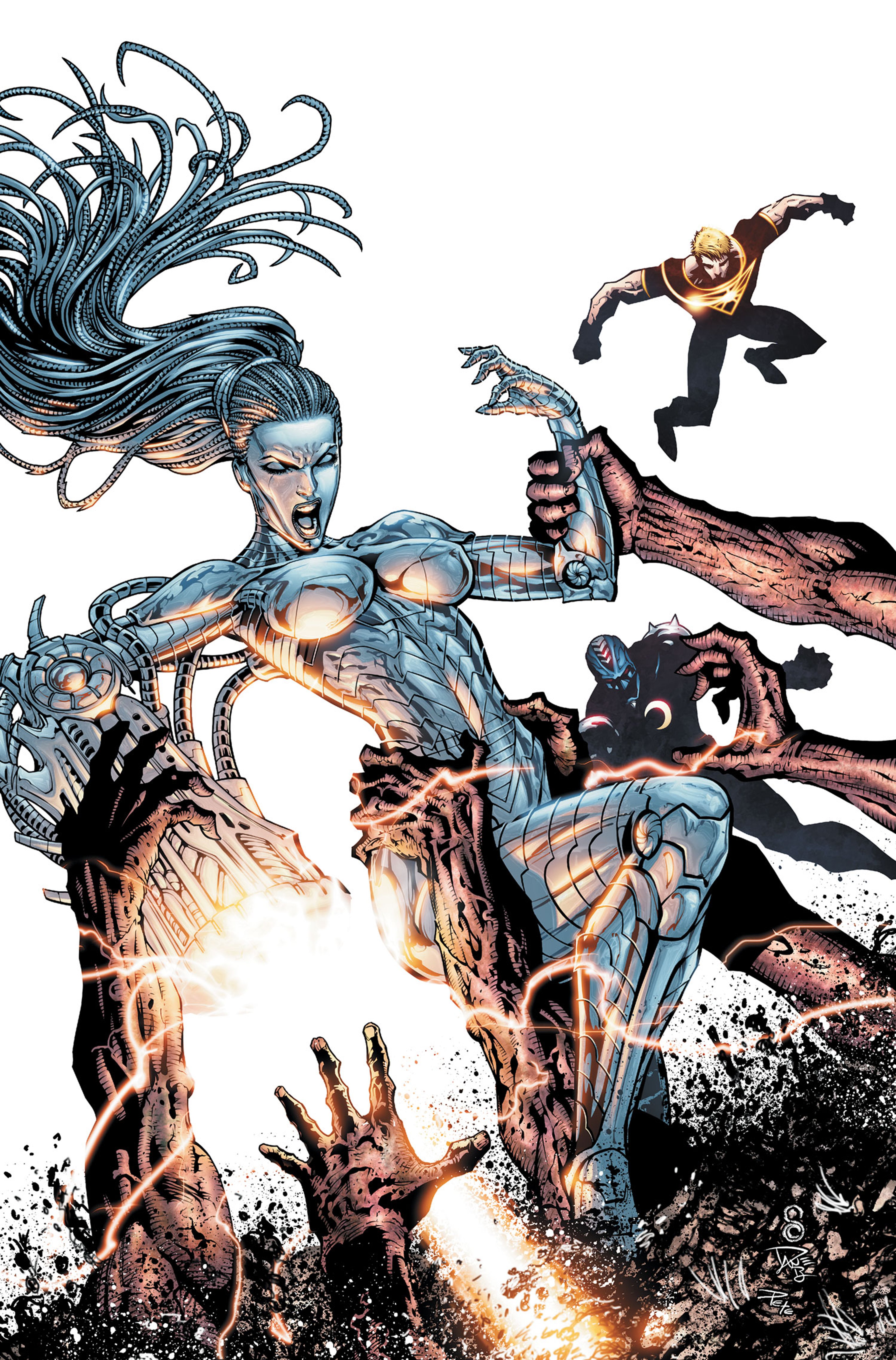 A female robotic character in a combat pose, with energy or weapons emanating from her hands.