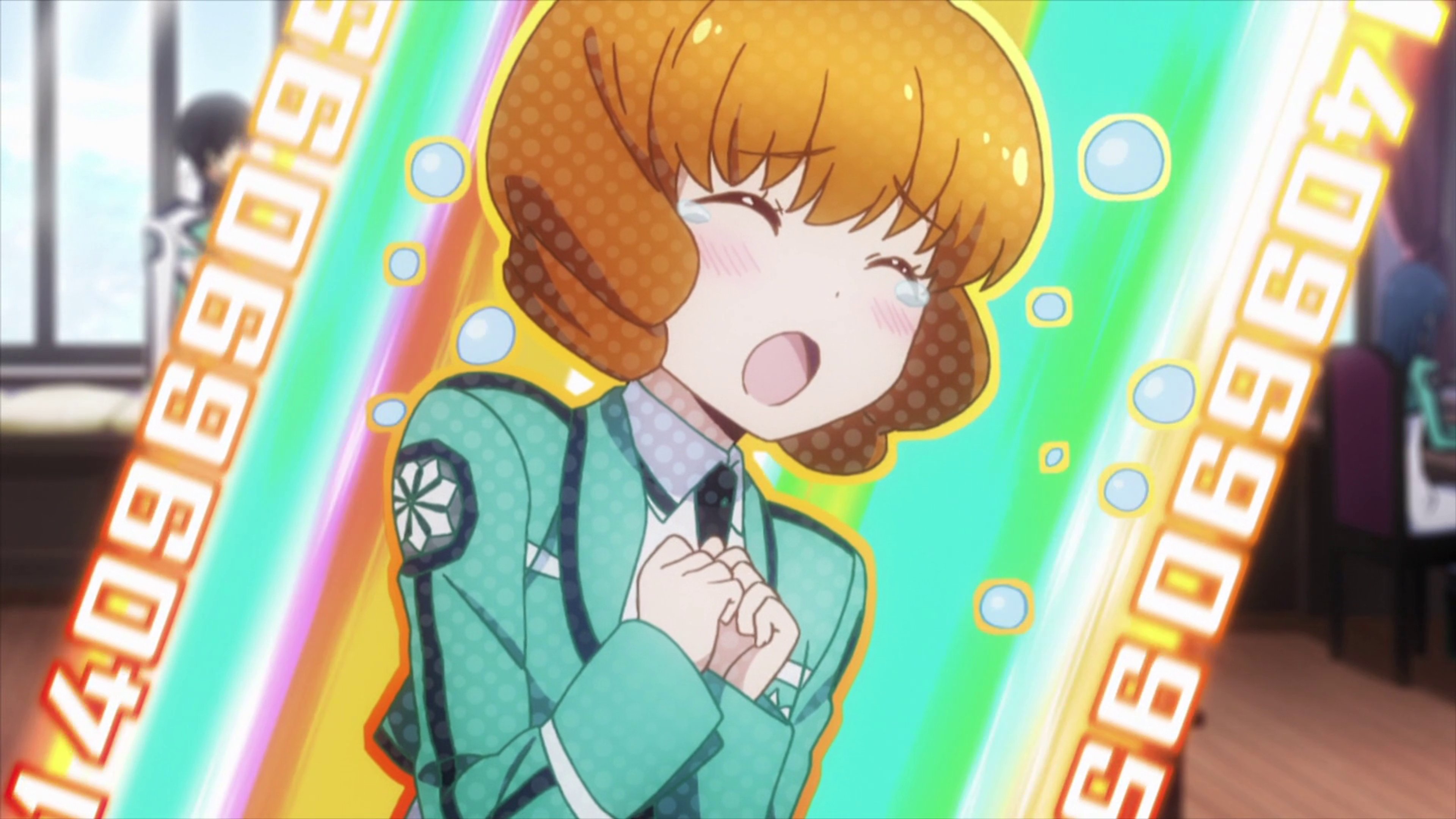 An anime-style character with short light-colored hair wearing a green school uniform