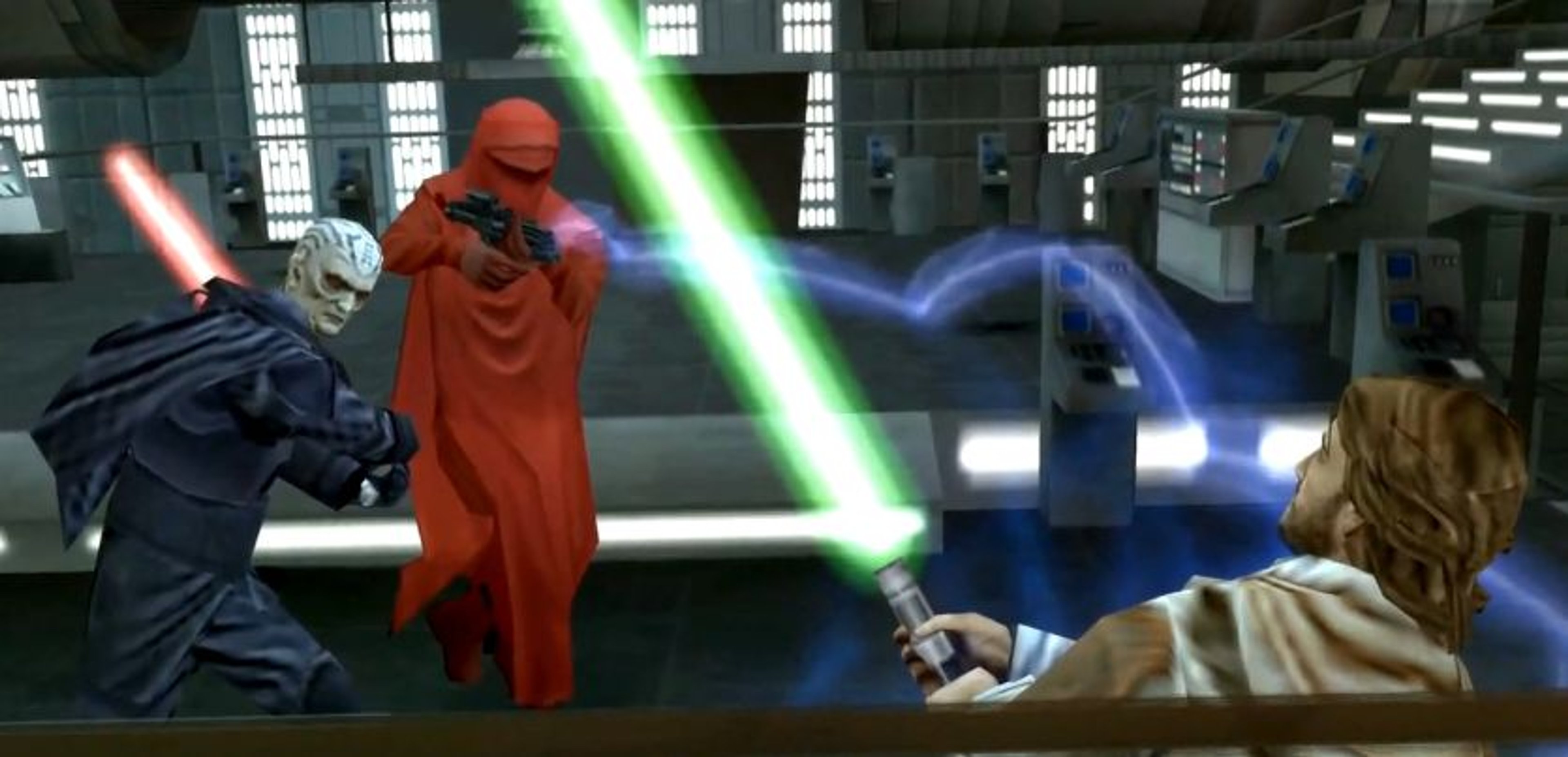 A character in a red robe and mask holding a green lightsaber in a futuristic industrial setting.