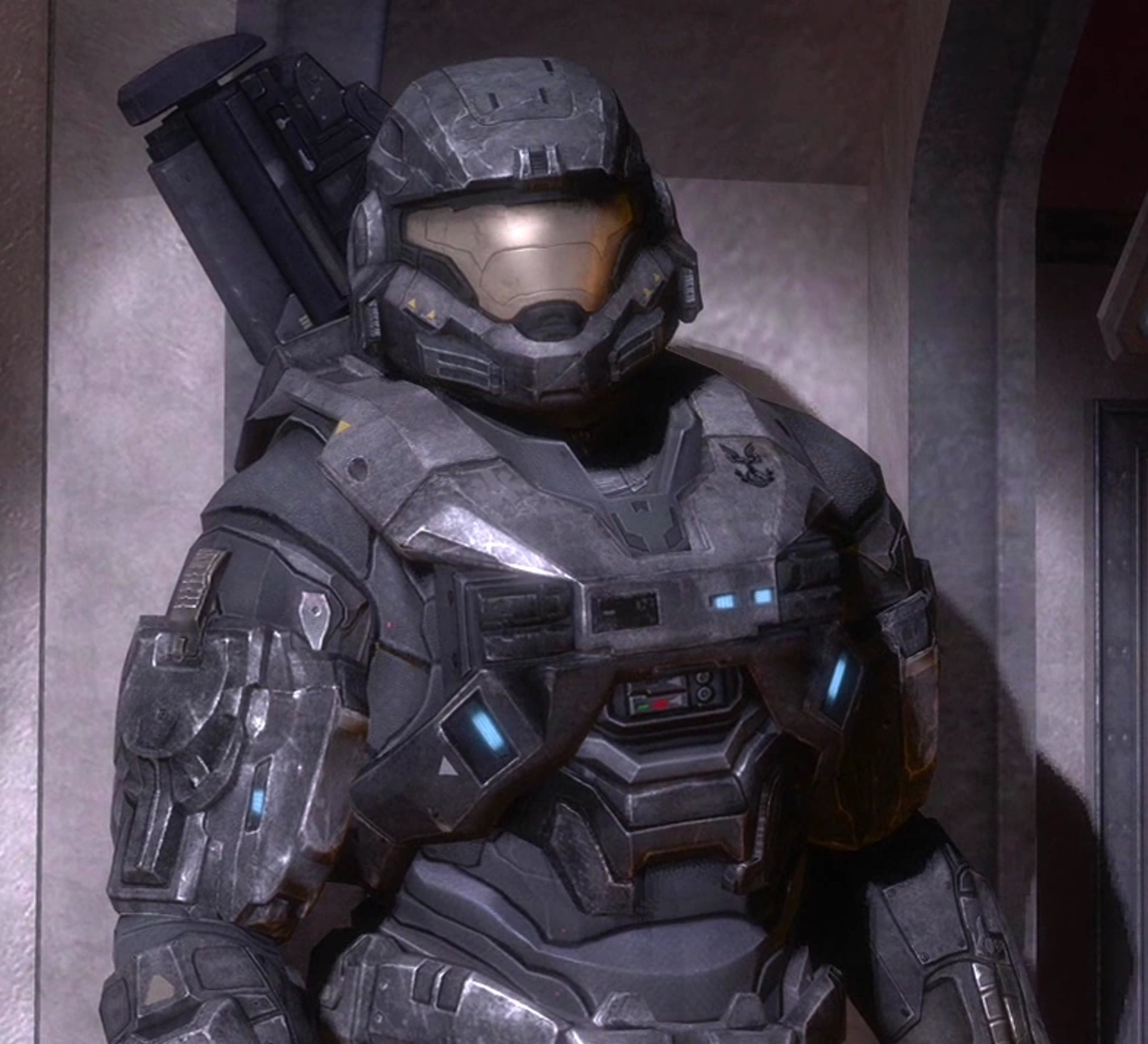 A heavily armored Spartan supersoldier in combat gear, holding an assault rifle.