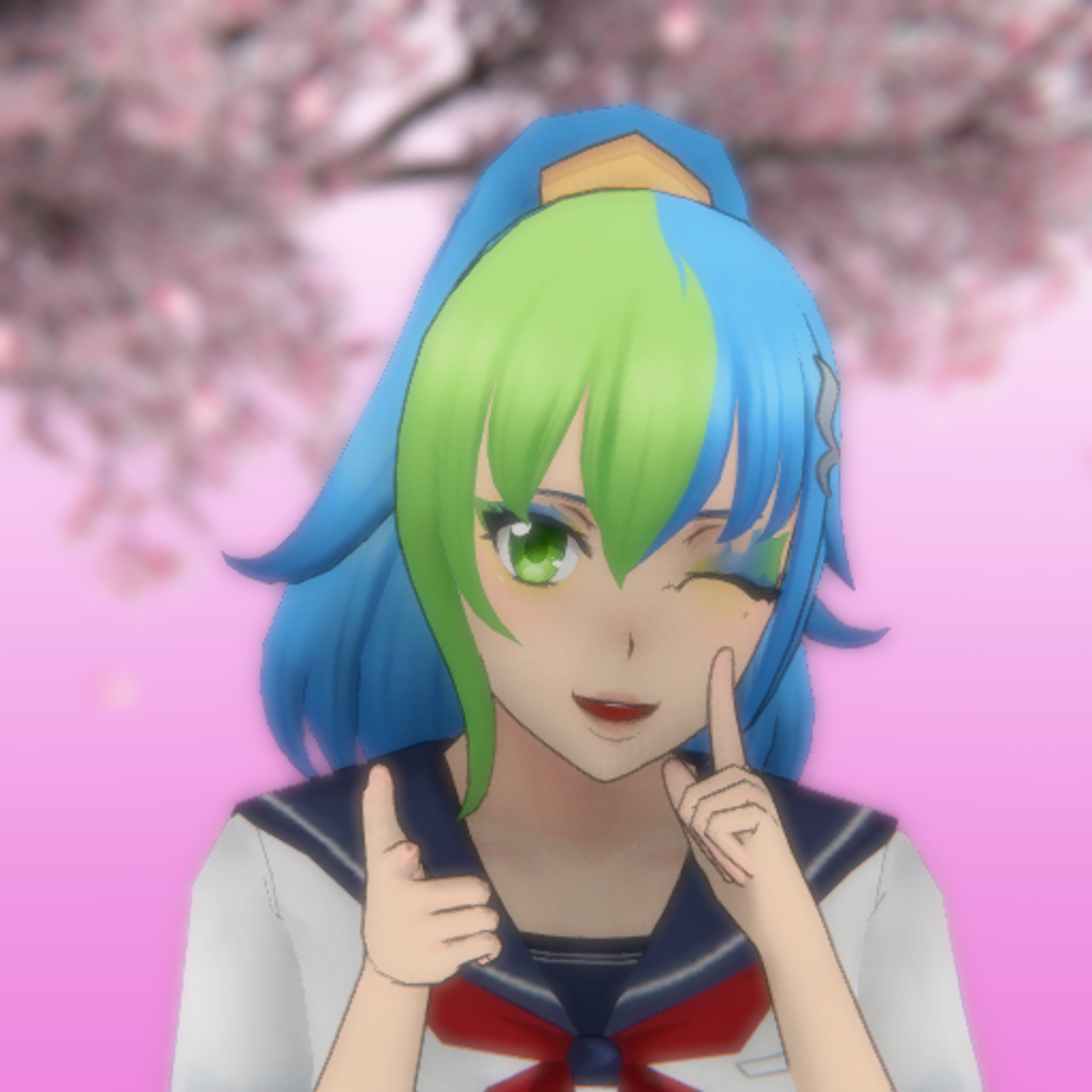 An anime-style character with split-dyed blue and green hair, wearing a school uniform.
