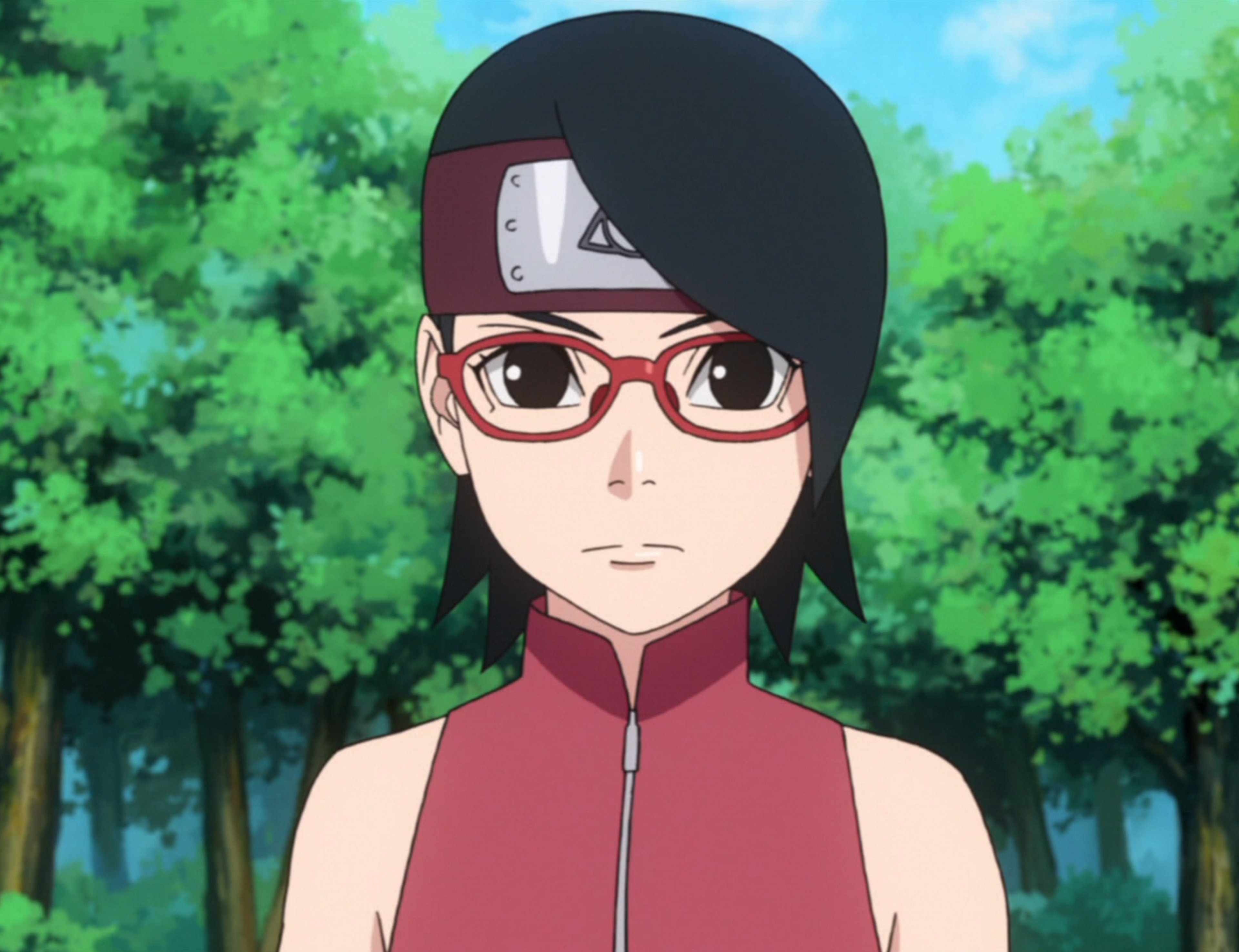 An anime-style character with short black hair, glasses, and a red jacket