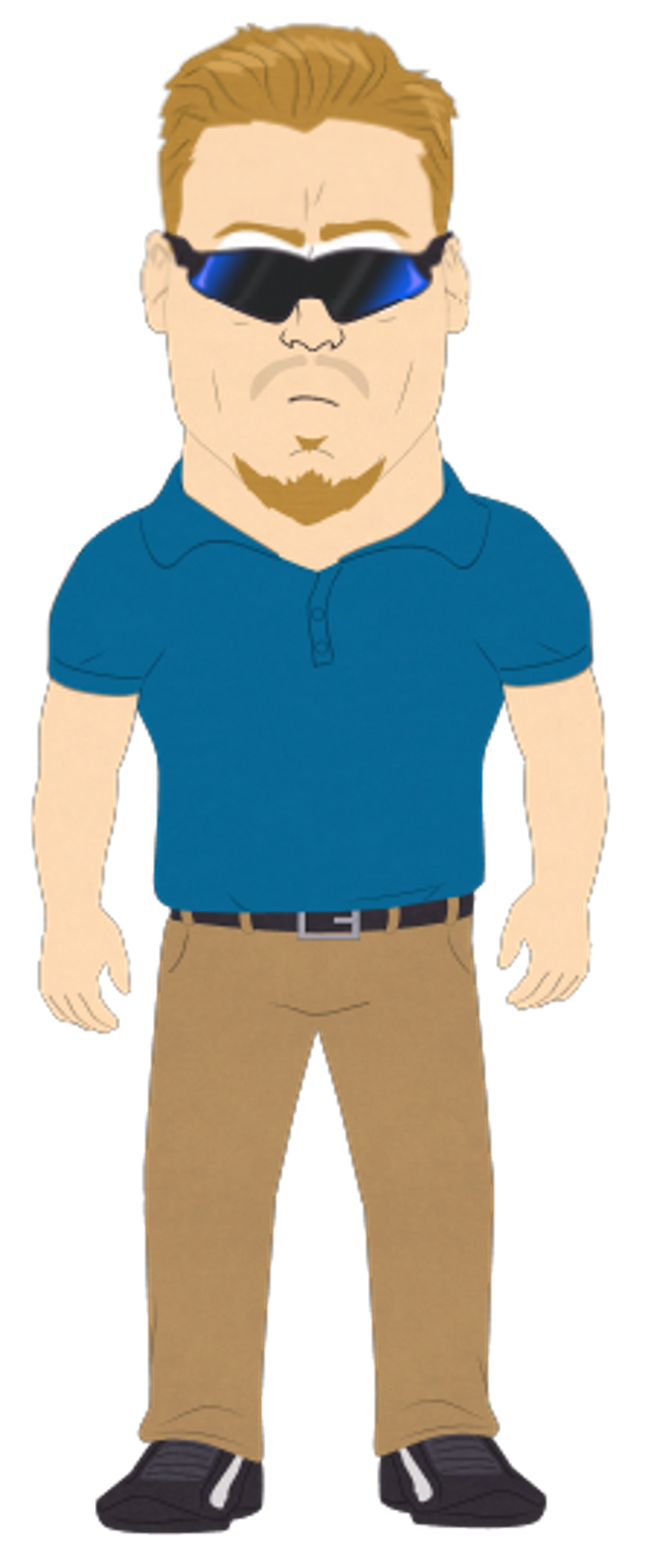 A muscular, middle-aged man with dirty blond hair and a beard, wearing a blue polo shirt, khaki pants, and sunglasses.