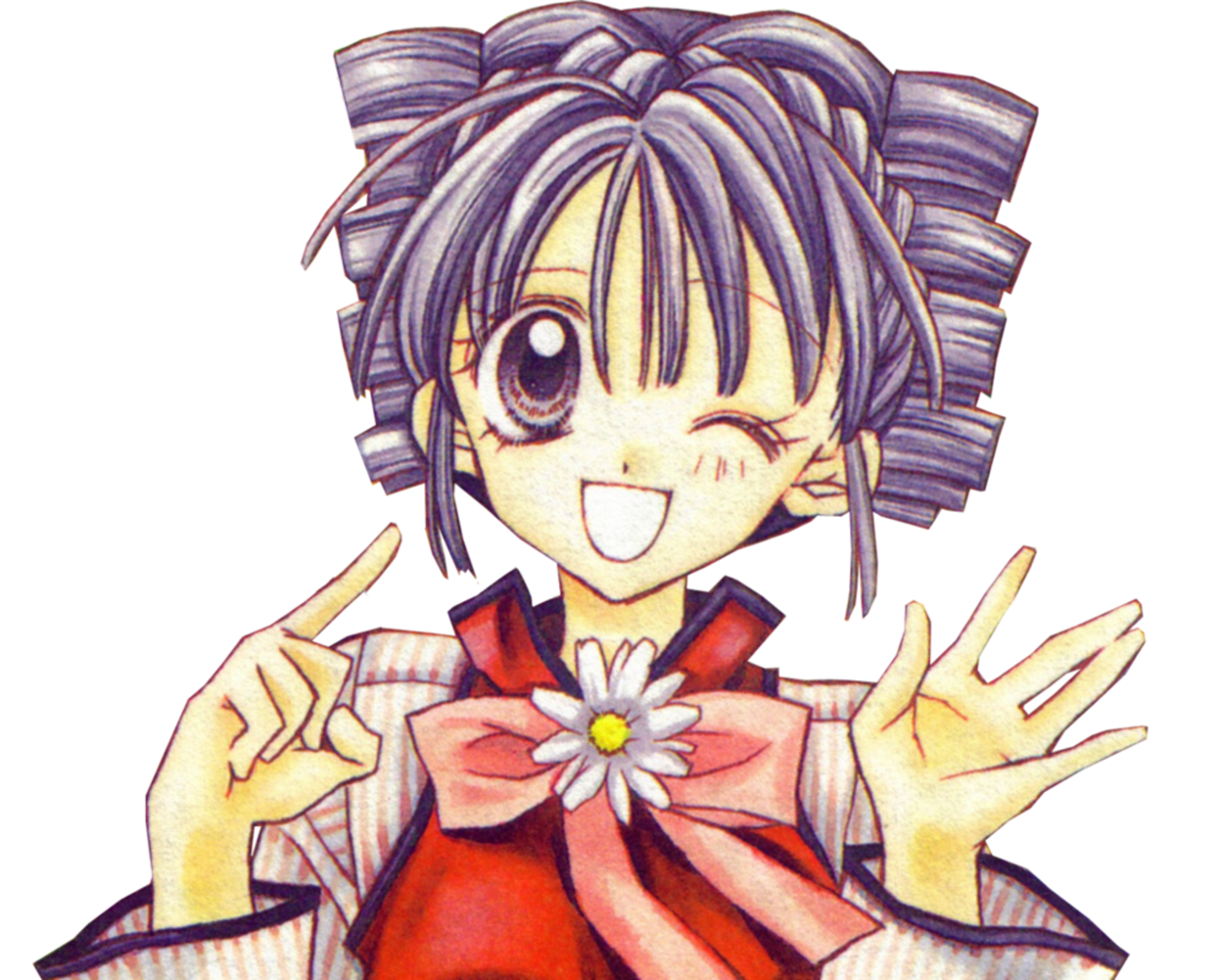 An anime-style character with purple hair and a red outfit, making a cheerful expression.