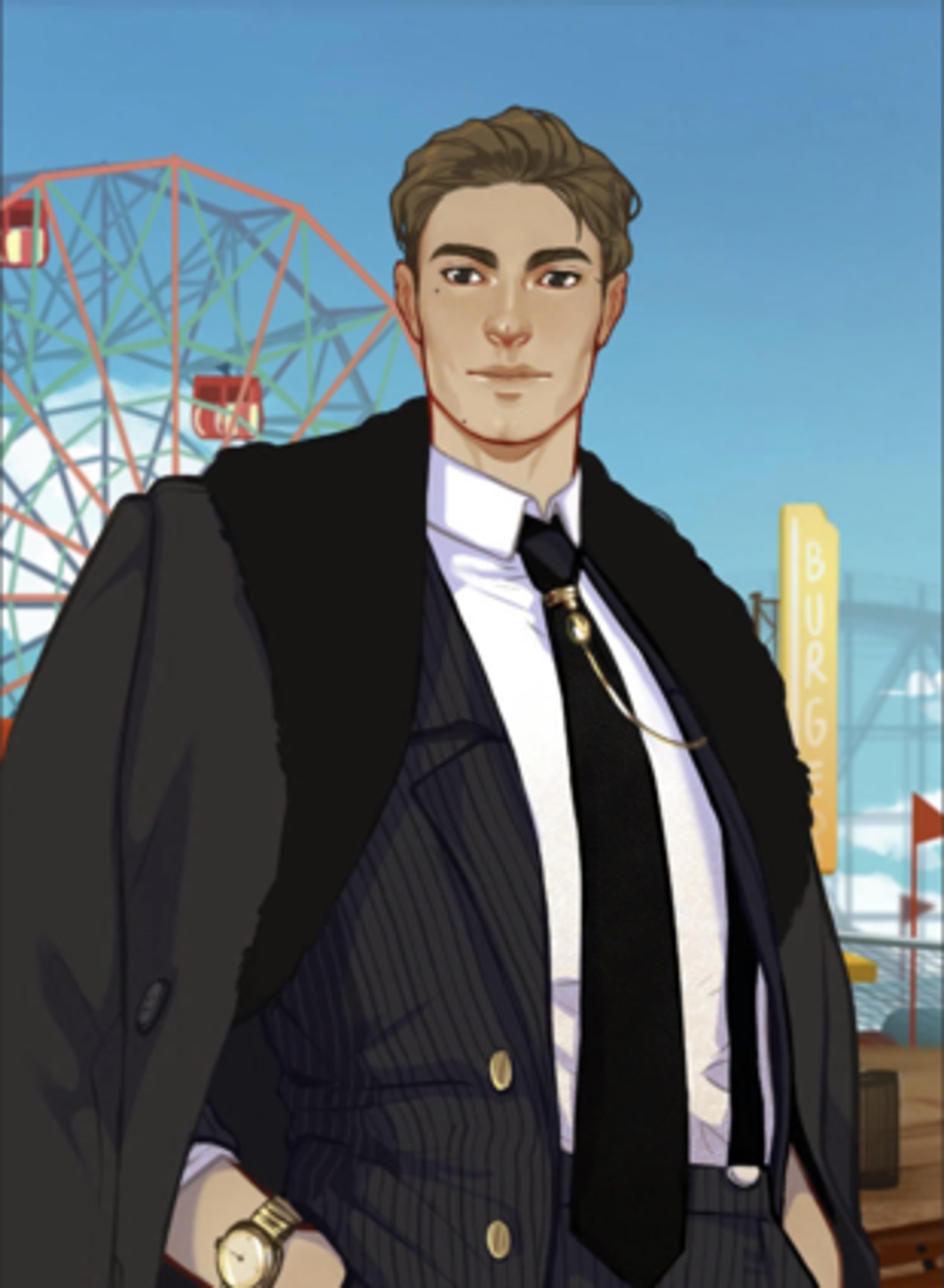 A well-dressed man with a charismatic appearance, wearing a pinstriped suit and standing in front of an amusement park.