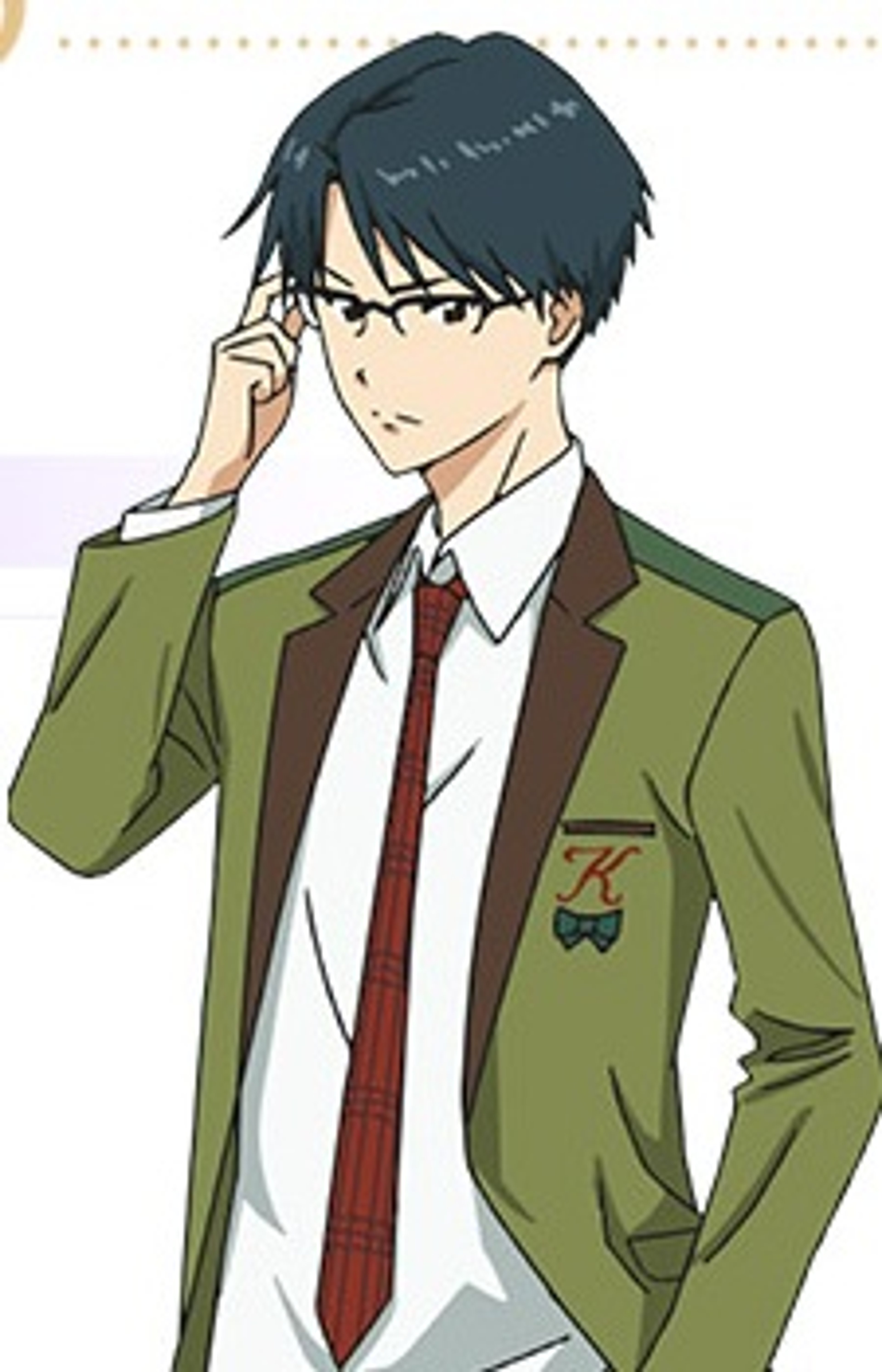 A young male high school student in a green uniform with a red tie, looking serious.