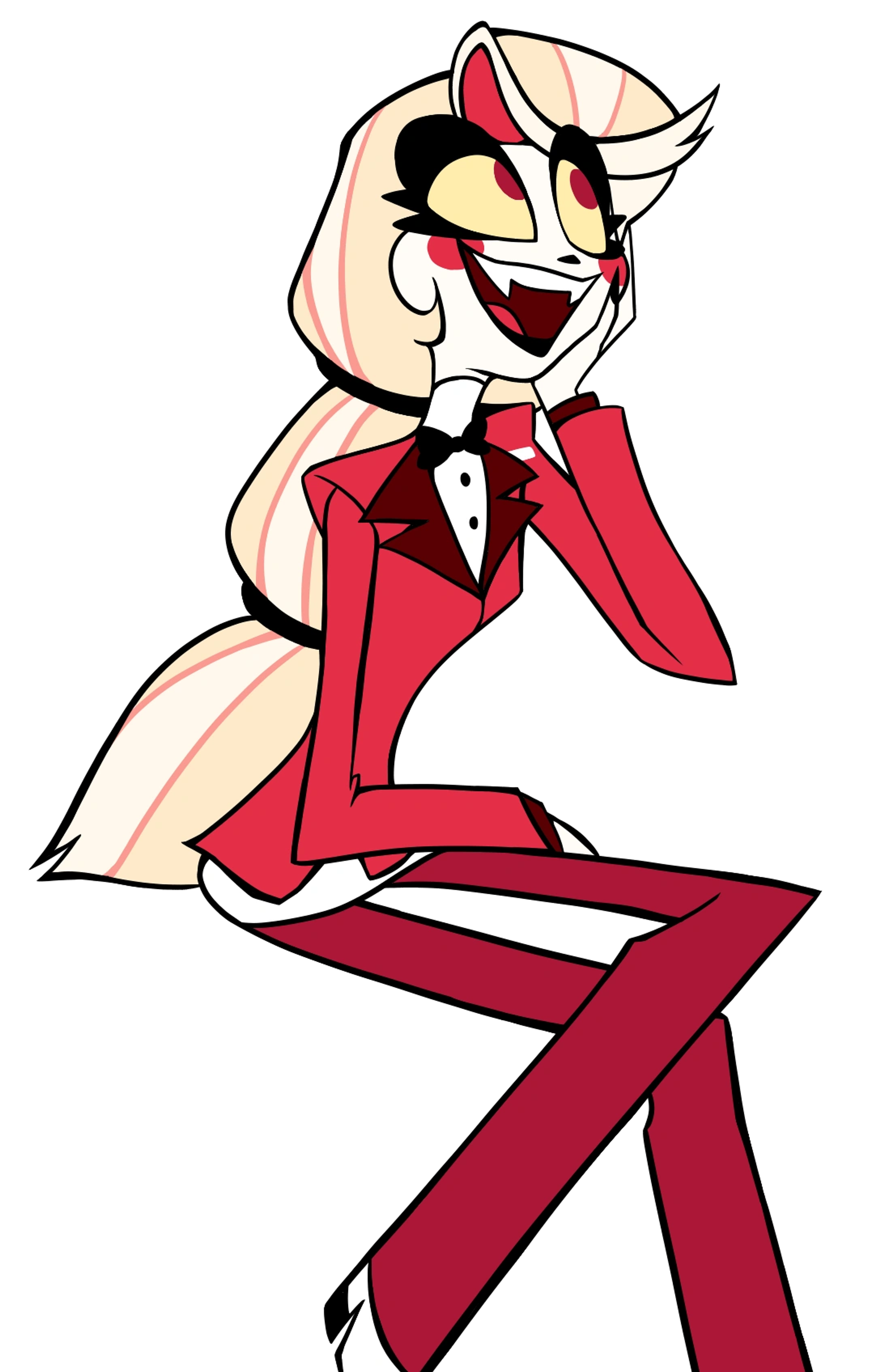 An animated character in a red suit with a large grin