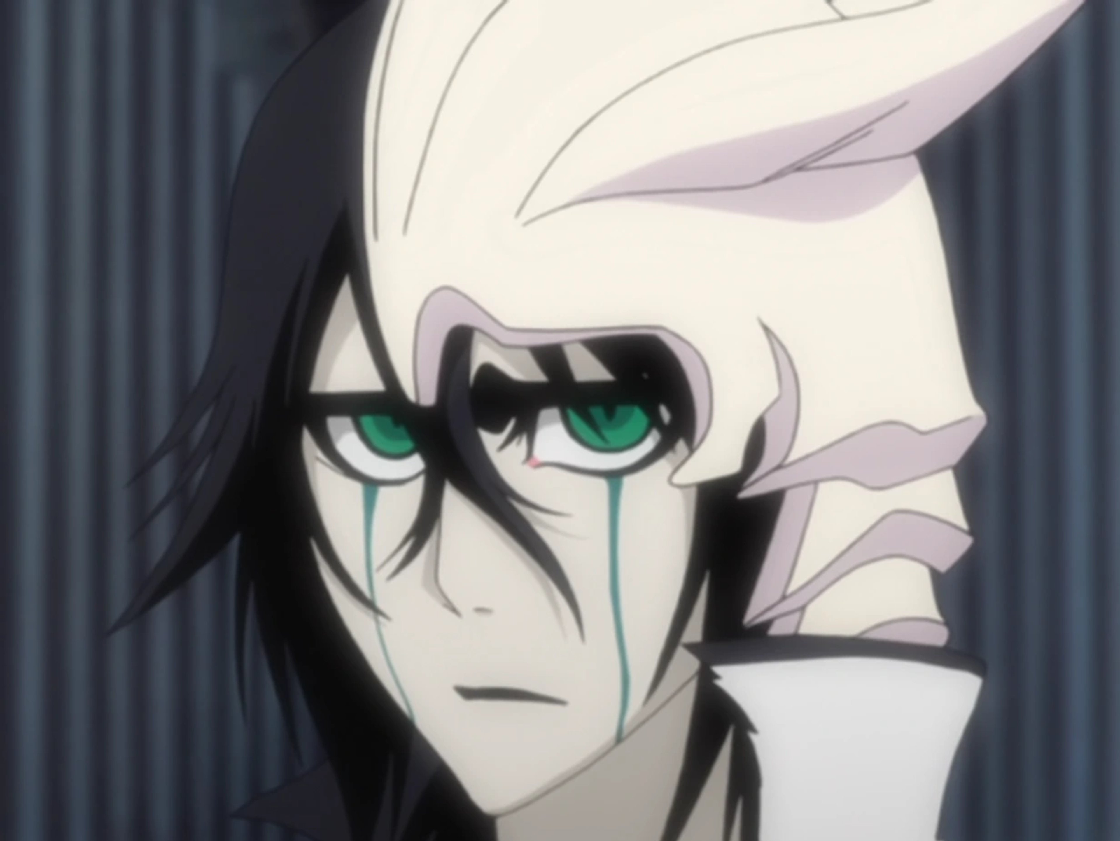 A pale, slender male character with black hair, green eyes, and partial Hollow mask remains on his head.