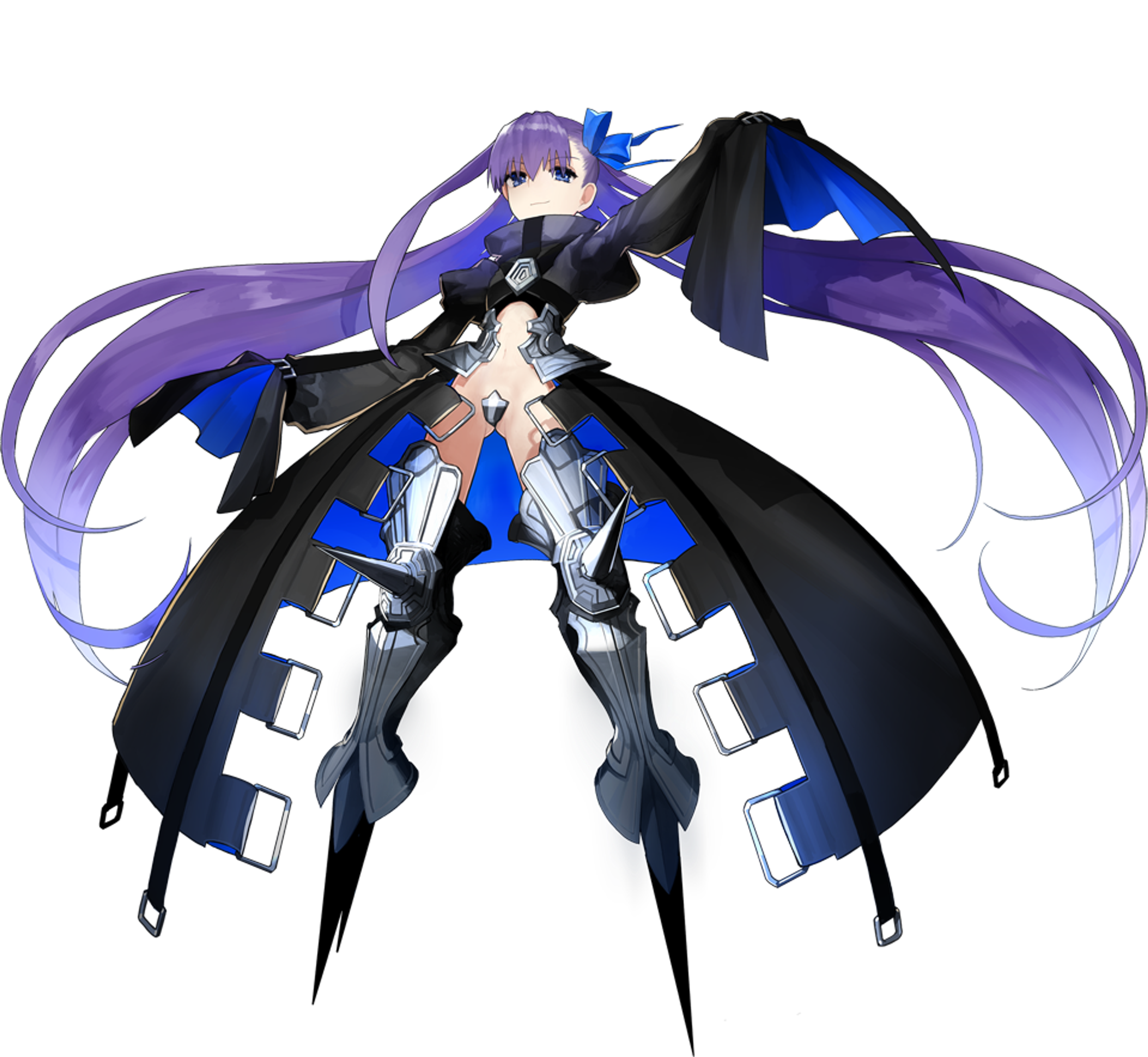 A detailed, mechanical-looking female character with blue hair and a black and blue outfit.