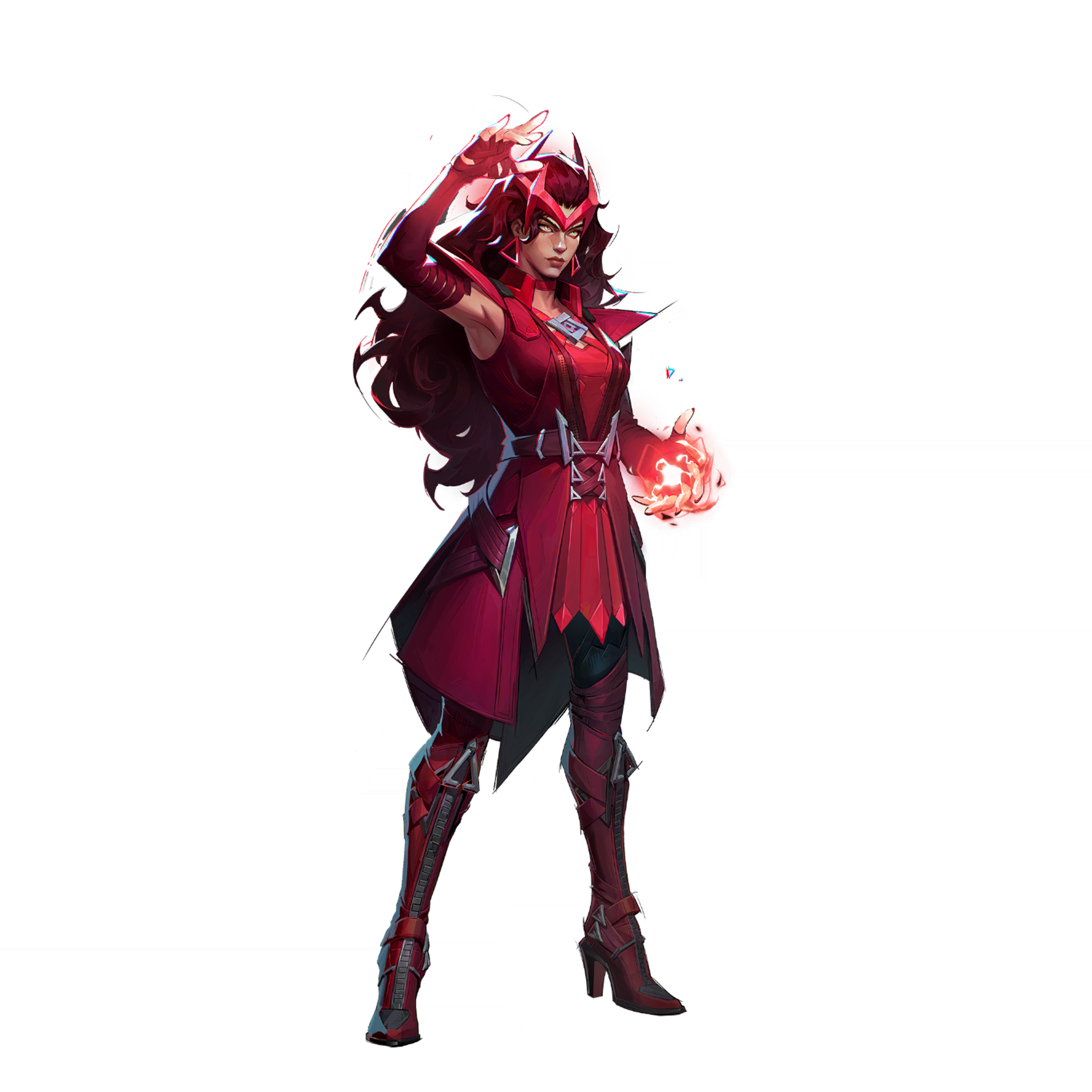 A female character in a red and black costume, with long red hair, standing in a dramatic pose and glowing with red energy.