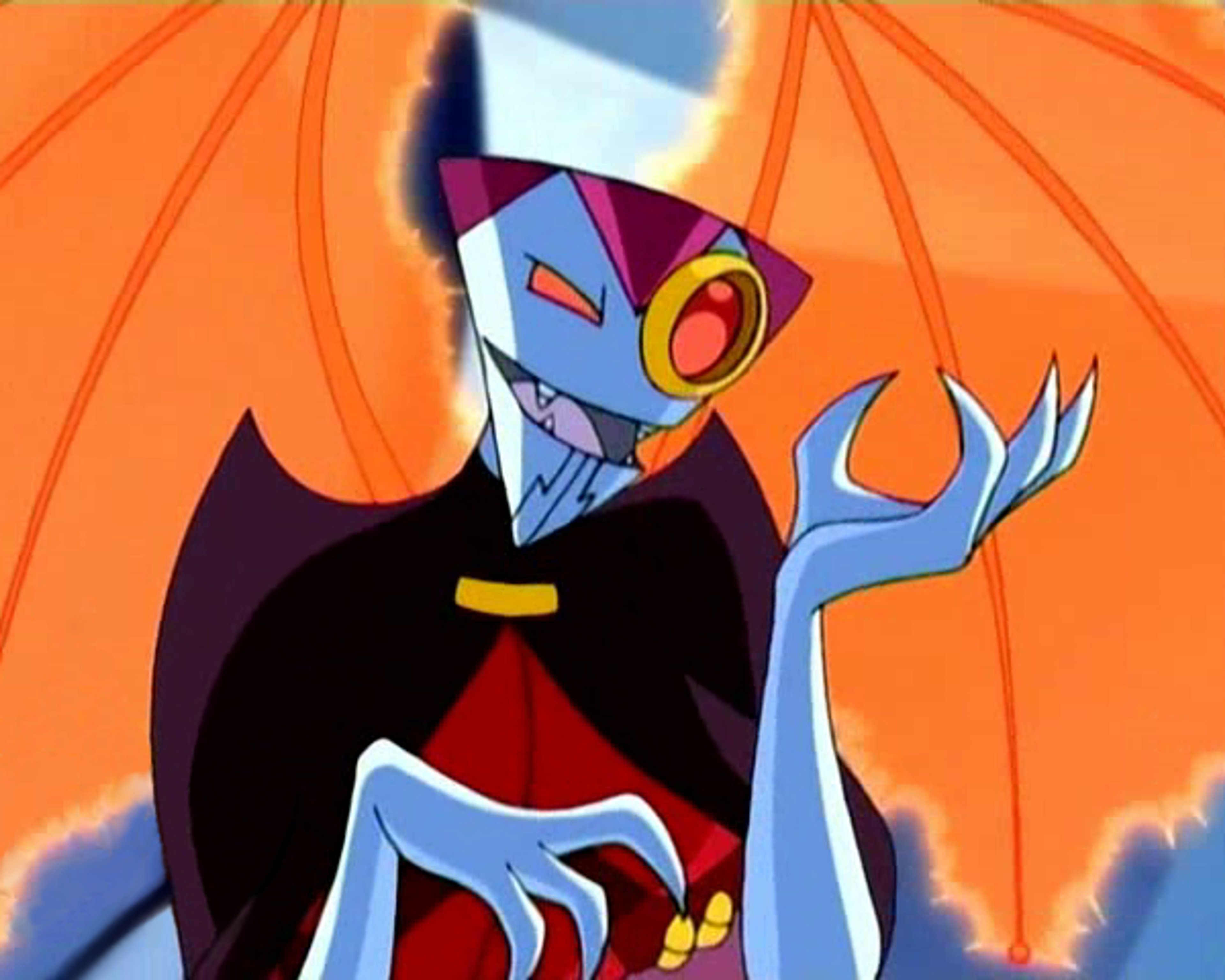 A robotic character with a vampire-like appearance, including a triangular head, sharp claws, and fangs.