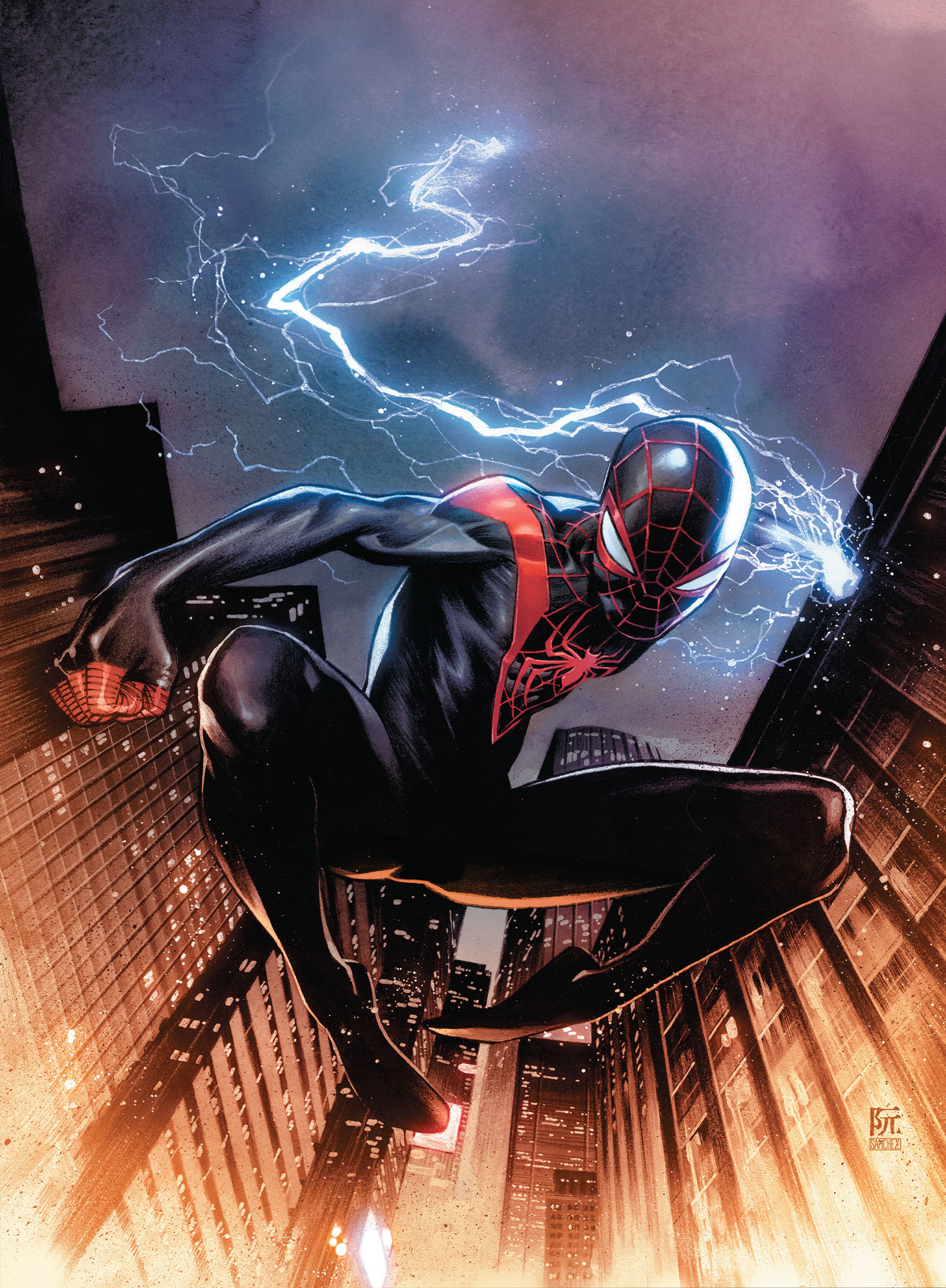 A superhero character in a black and red costume with web-like patterns, crouched on a building with lightning bolts and a cityscape in the background.