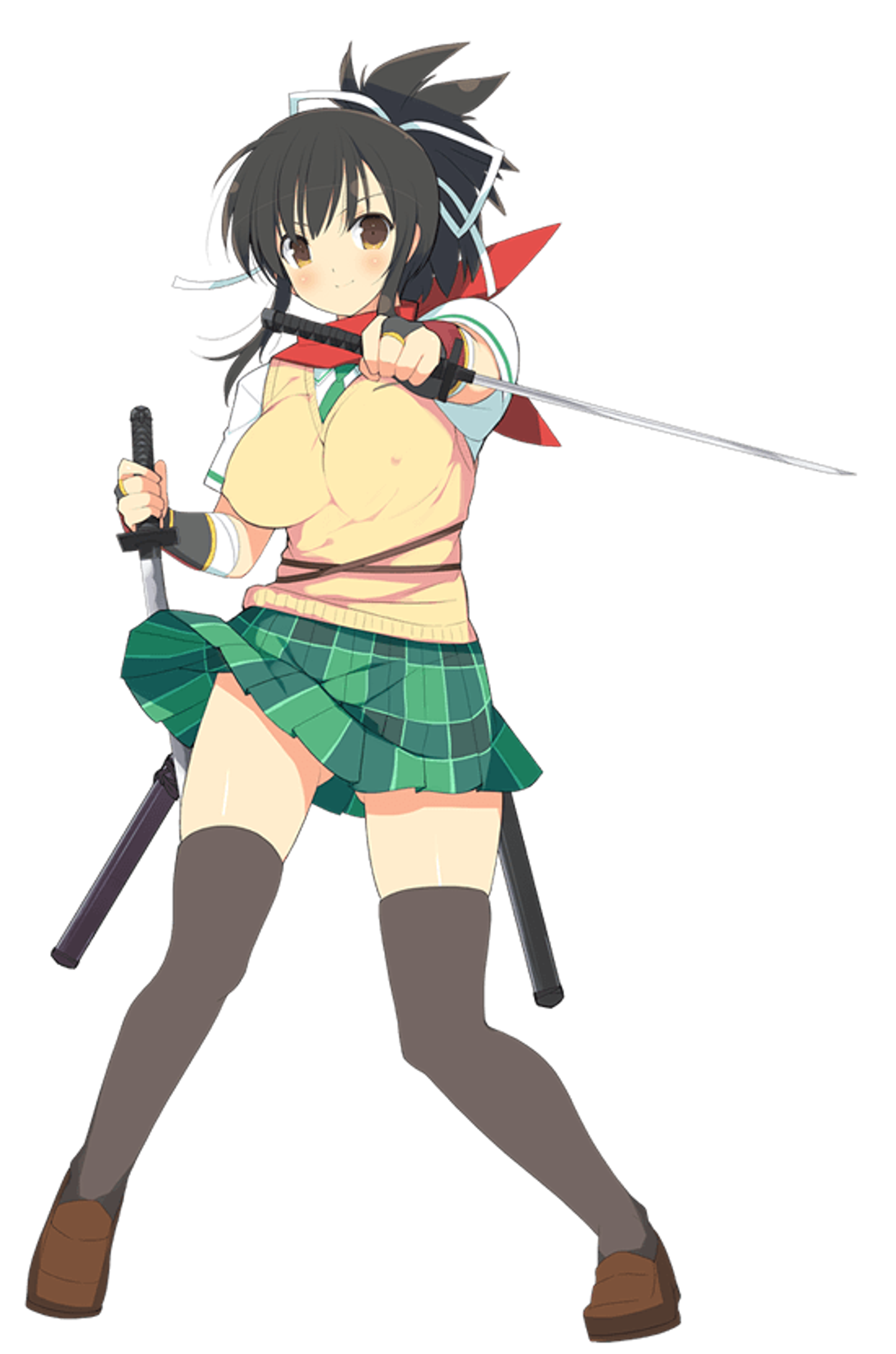 An anime-style character named Asuka, a young female shinobi student with long dark hair, wearing a green and white outfit and holding a sword.