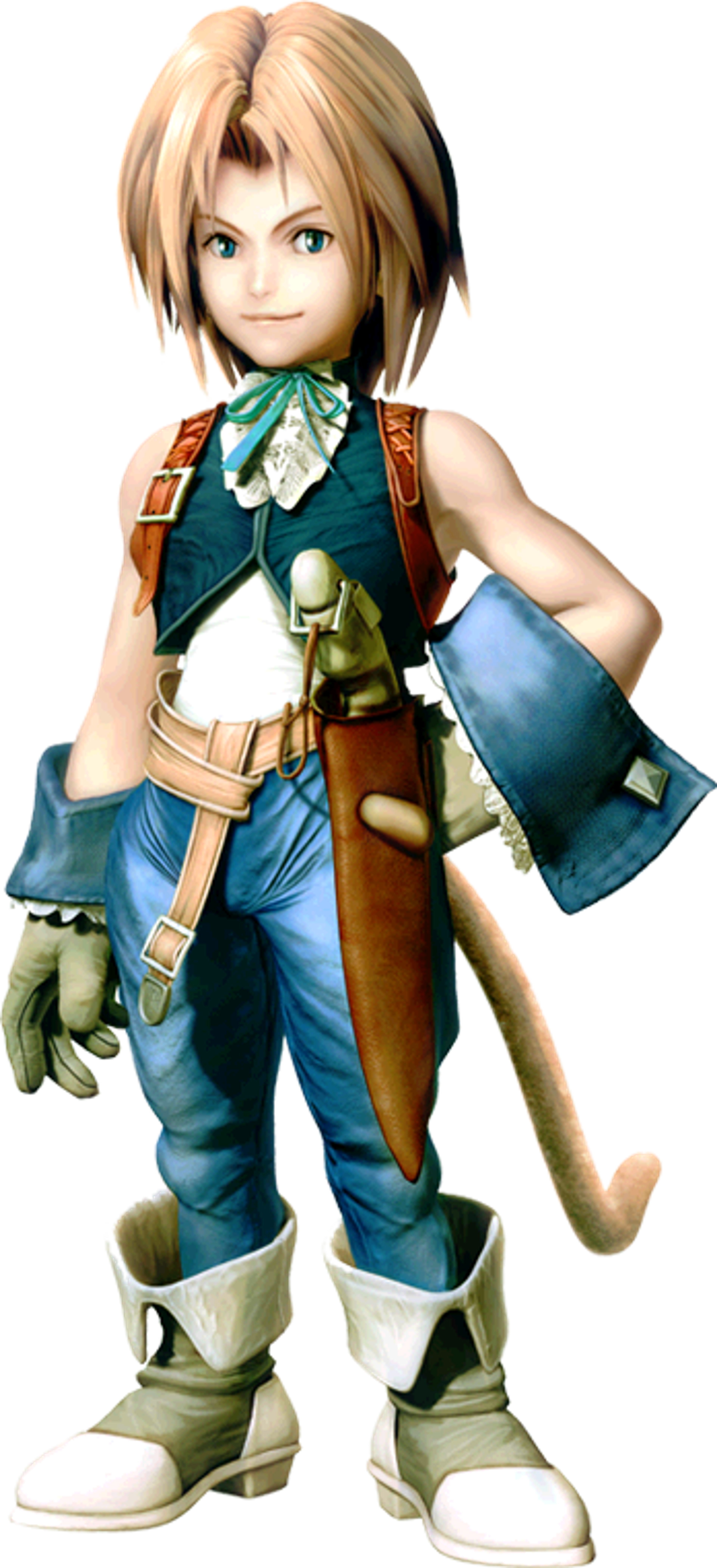 A young, blonde male character with spiky hair wearing a green vest, blue pants, and large boots