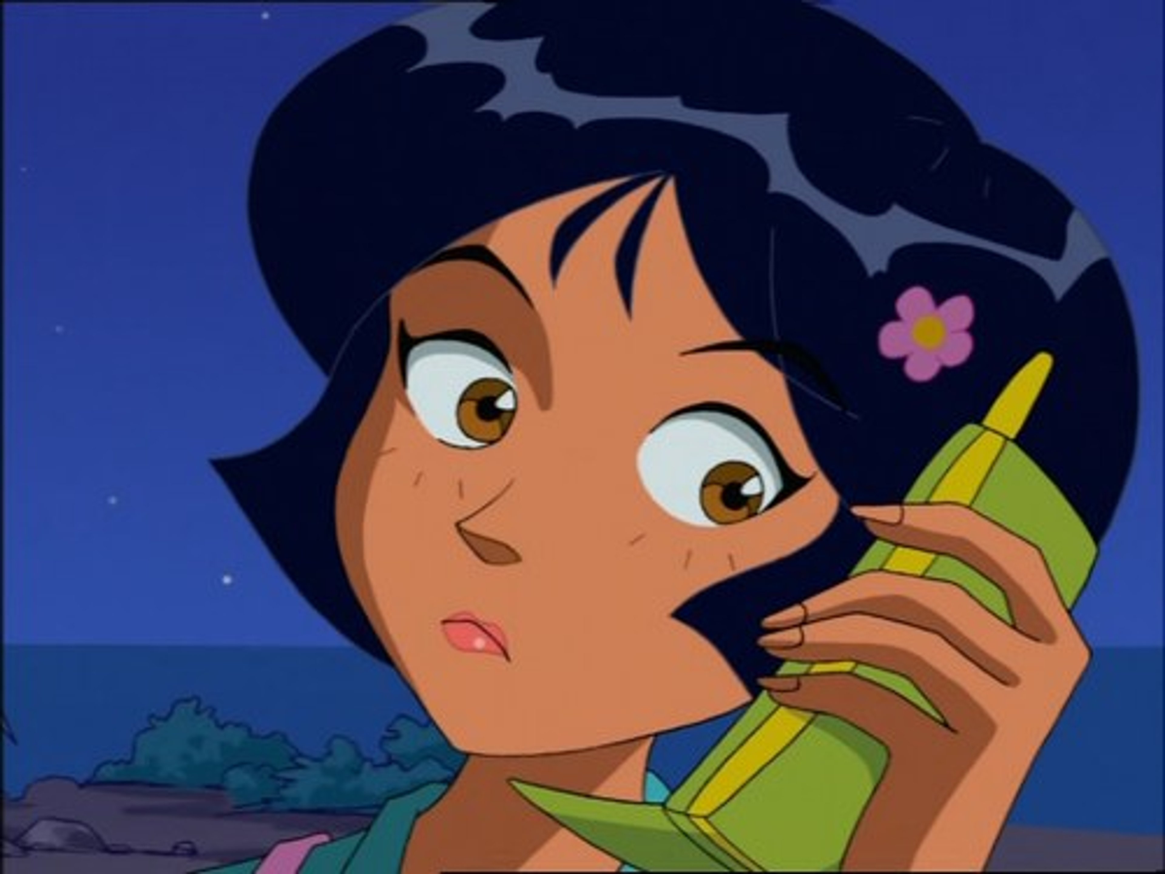 An animated female character with dark hair and a surprised expression