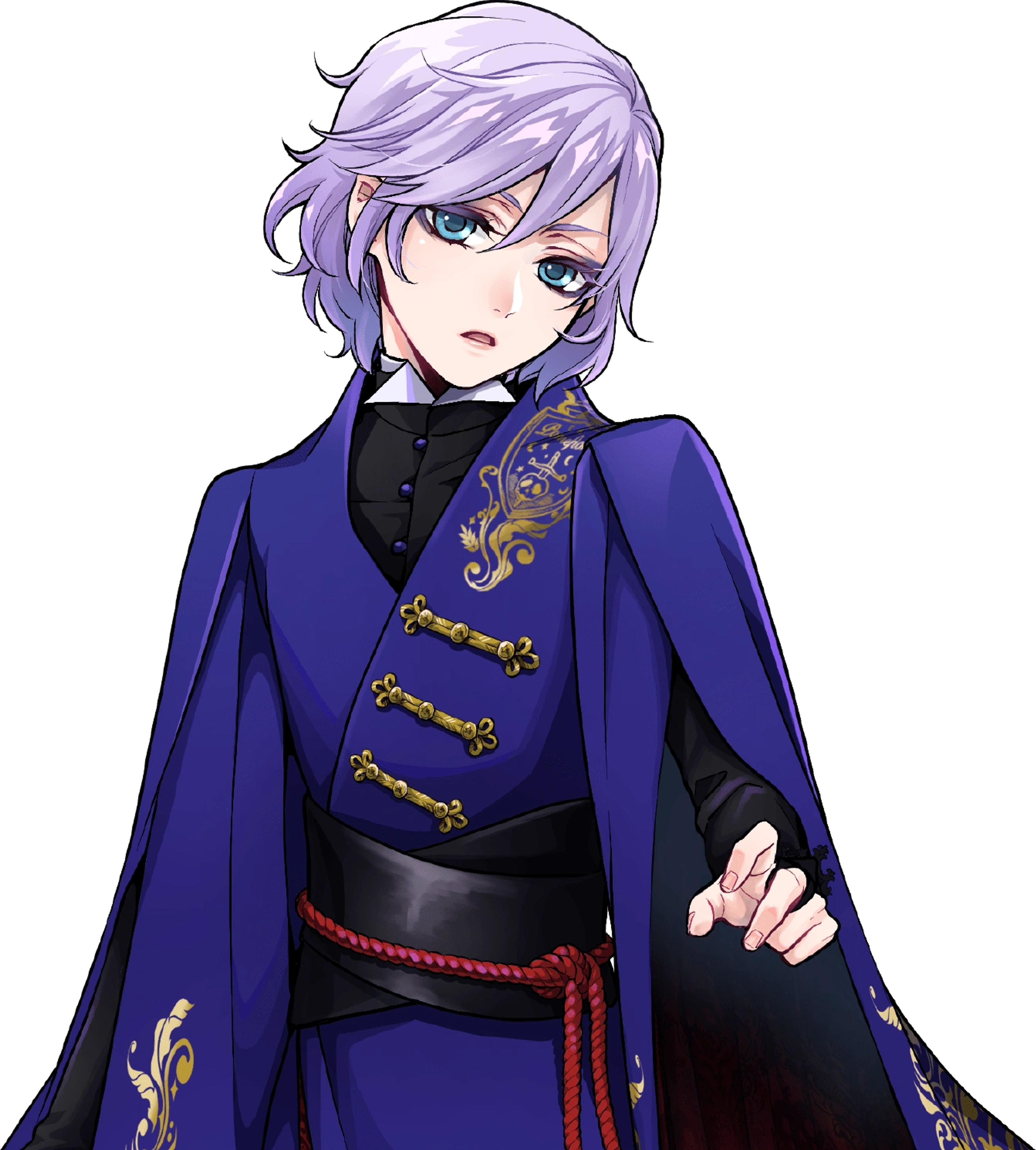 Anime-style character with periwinkle hair, delicate features