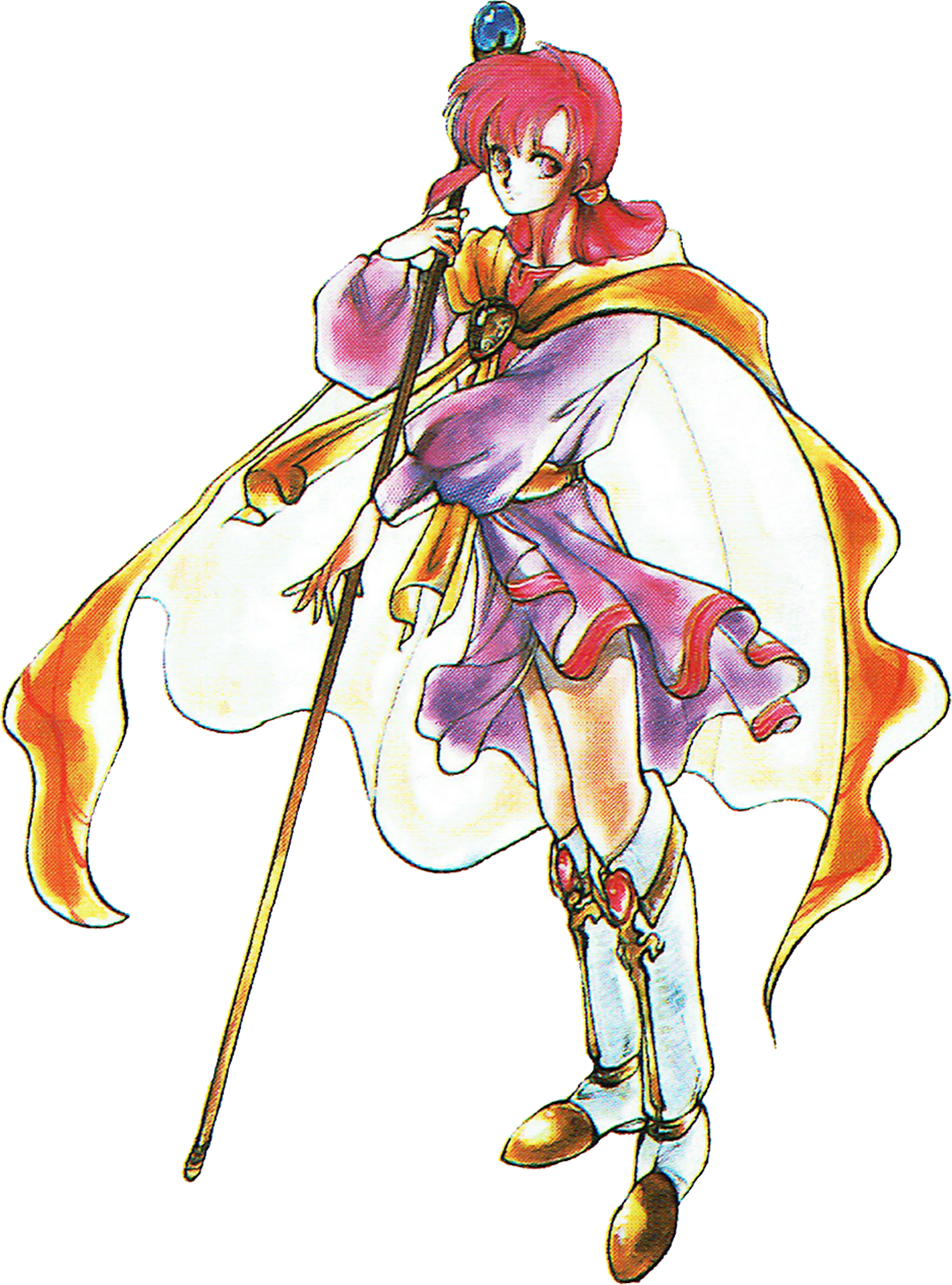 A young woman with red hair wearing a white and purple outfit, holding a staff or scepter.
