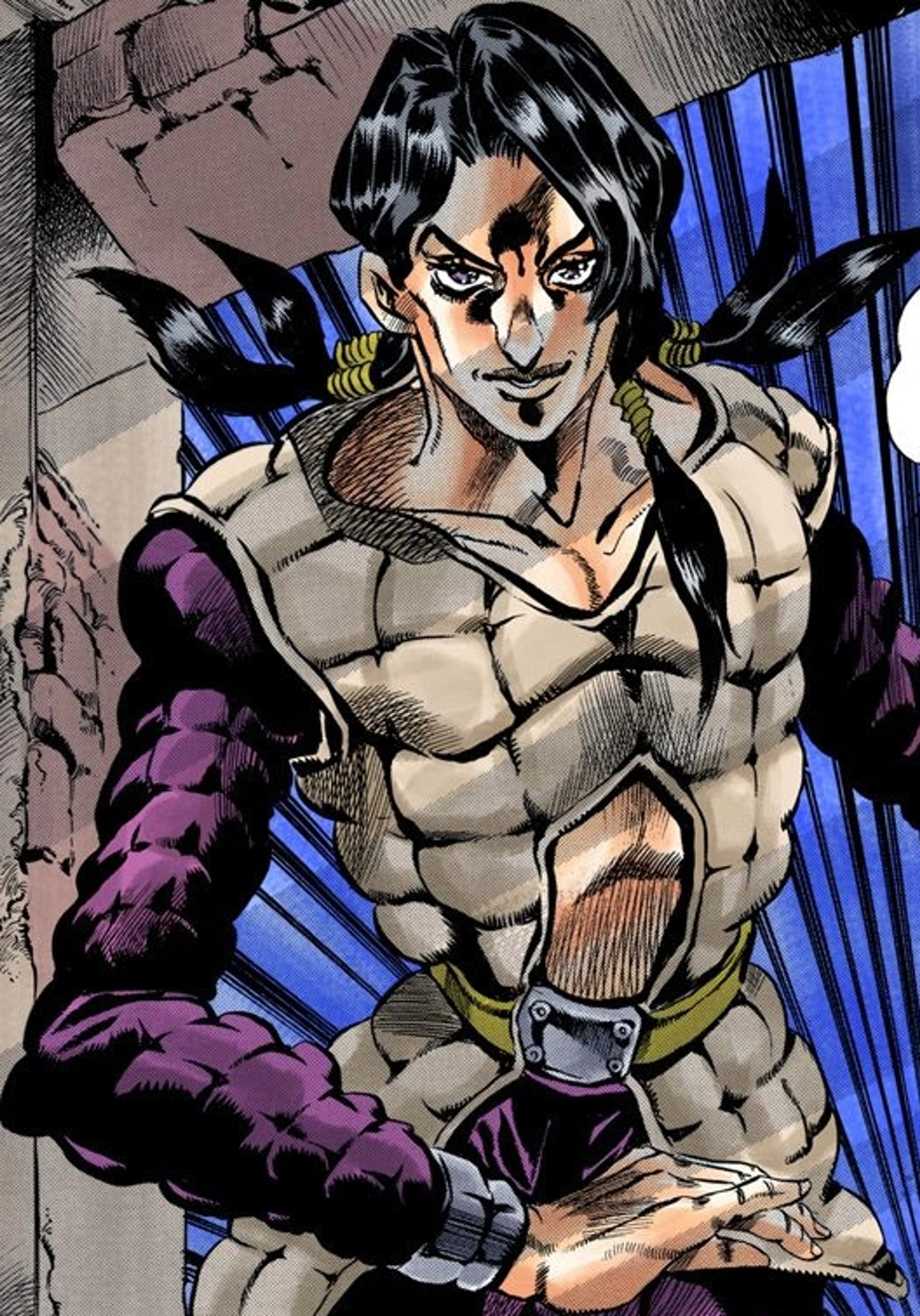 A muscular male character with long dark hair in pigtails, wearing a quilted outfit with metal accents, in a confident, aggressive pose.