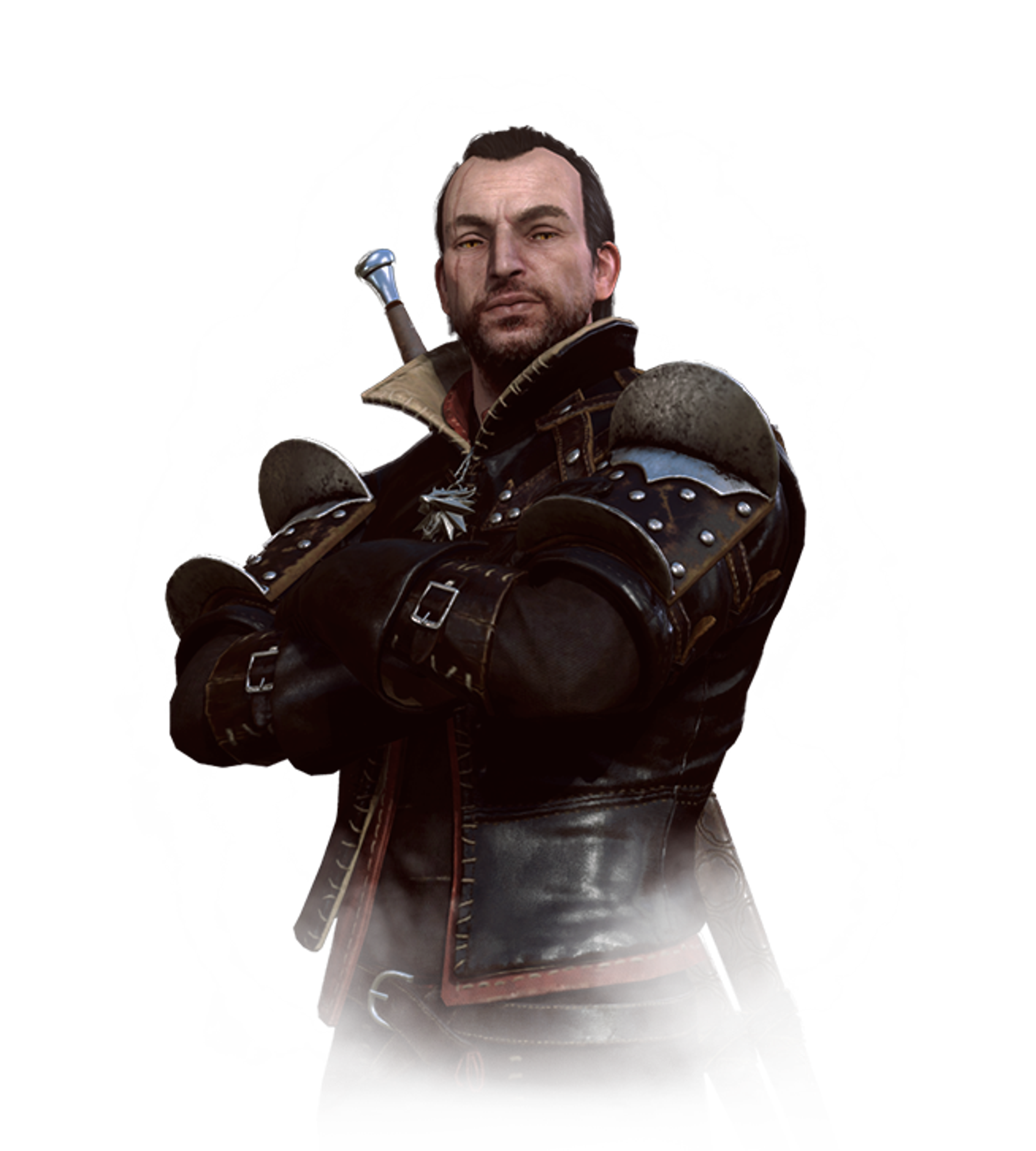 A man in dark clothing holding a sword with a stern expression
