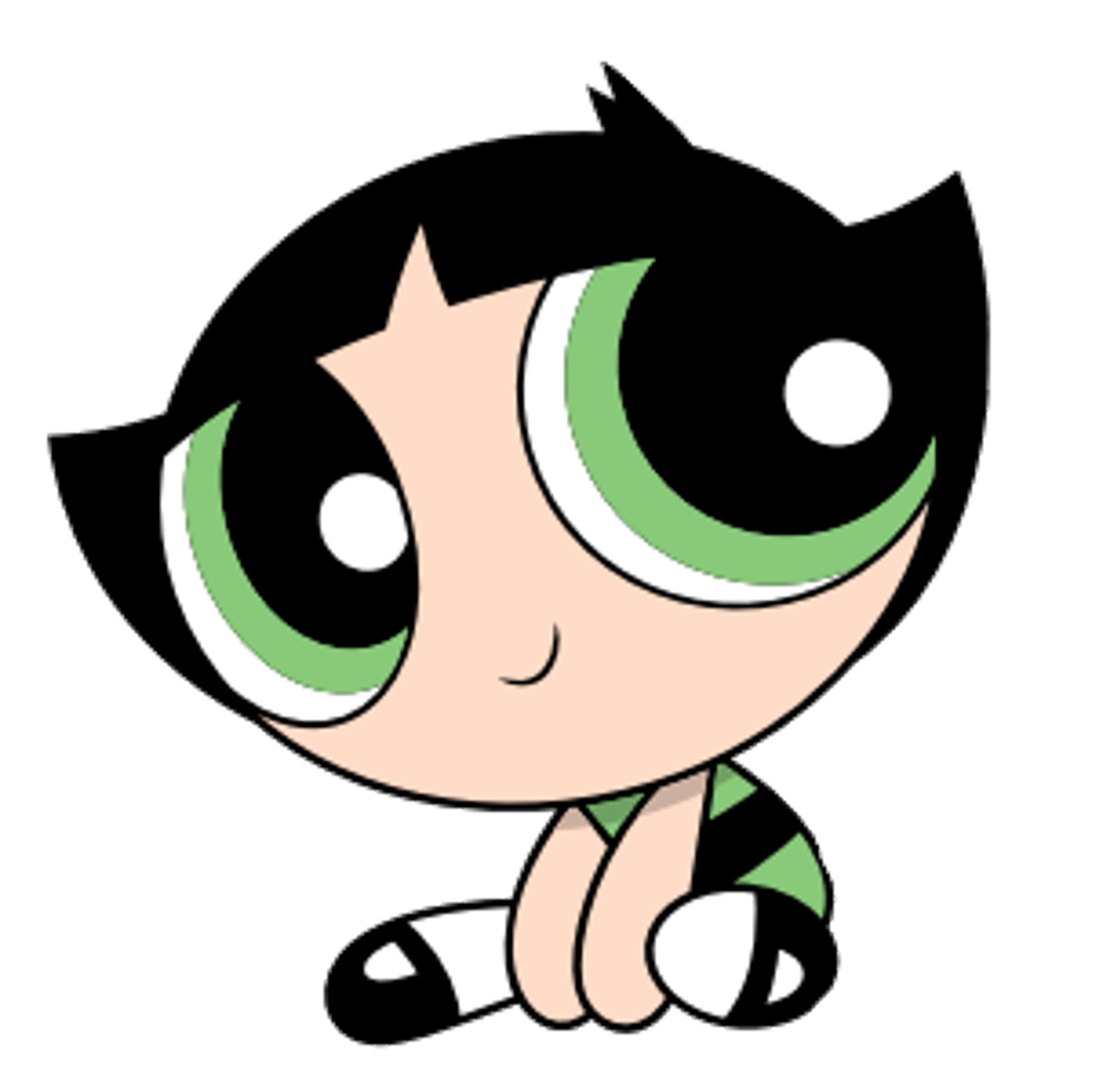 A cartoon character with large green eyes, short black hair, and a green dress in a fighting stance.