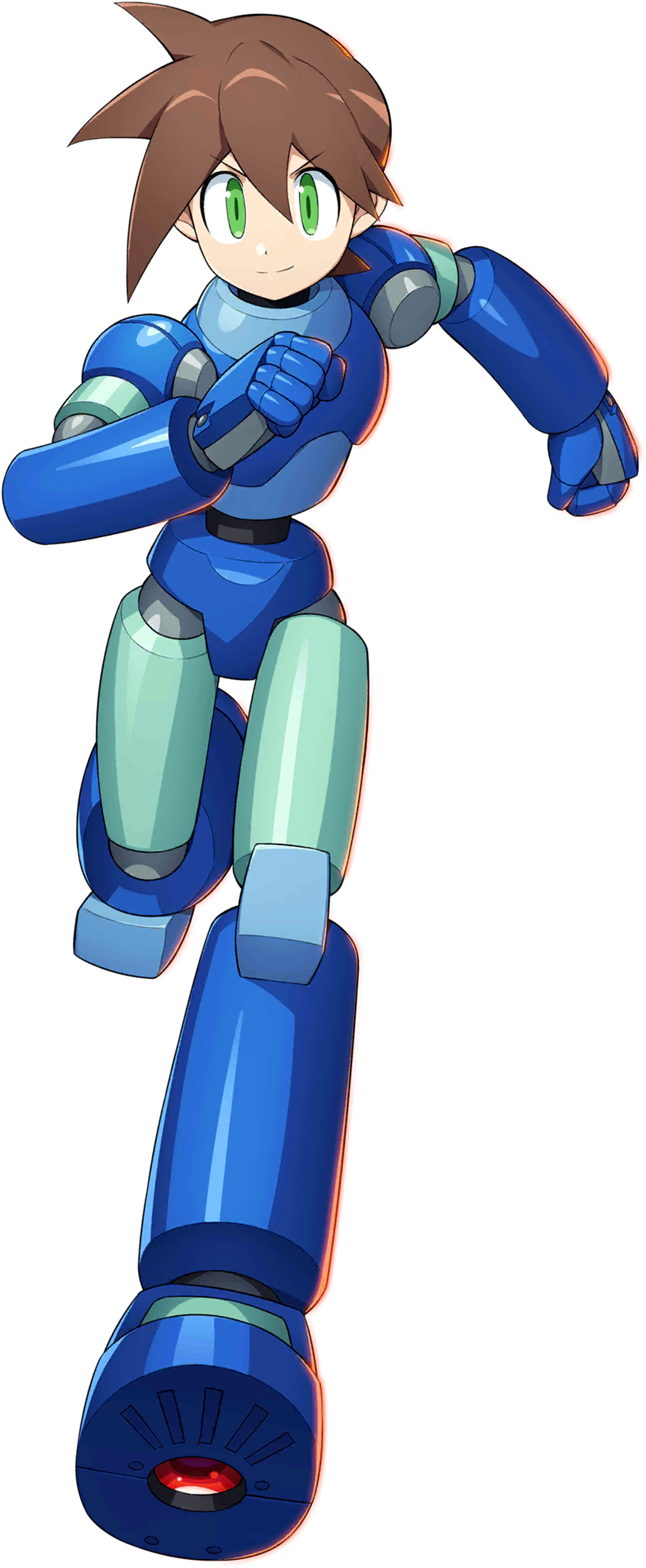 A blue-armored robot character with brown hair and green eyes holding a large weapon