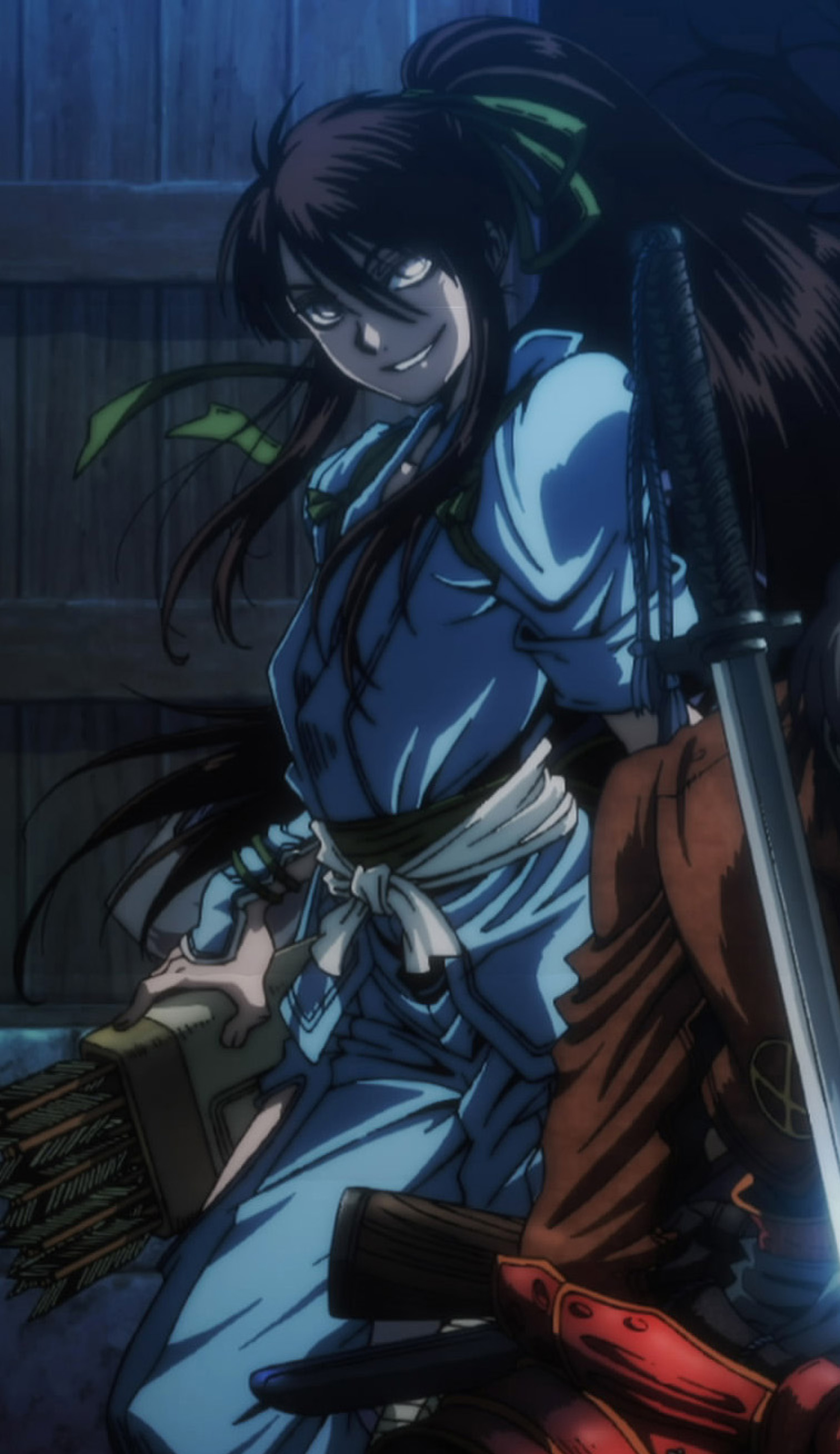 A warrior with long dark hair and a feminine appearance, holding a bow and arrow.